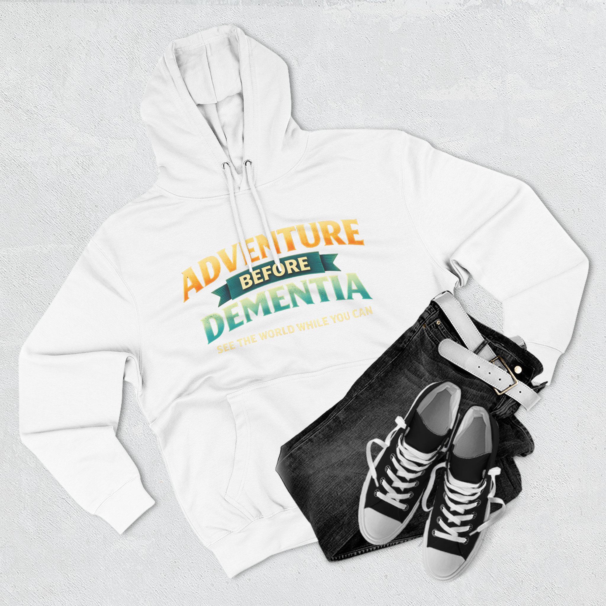 Three-Panel Fleece Hoodie - "Adventure Before Dementia" Design Scenic-Line