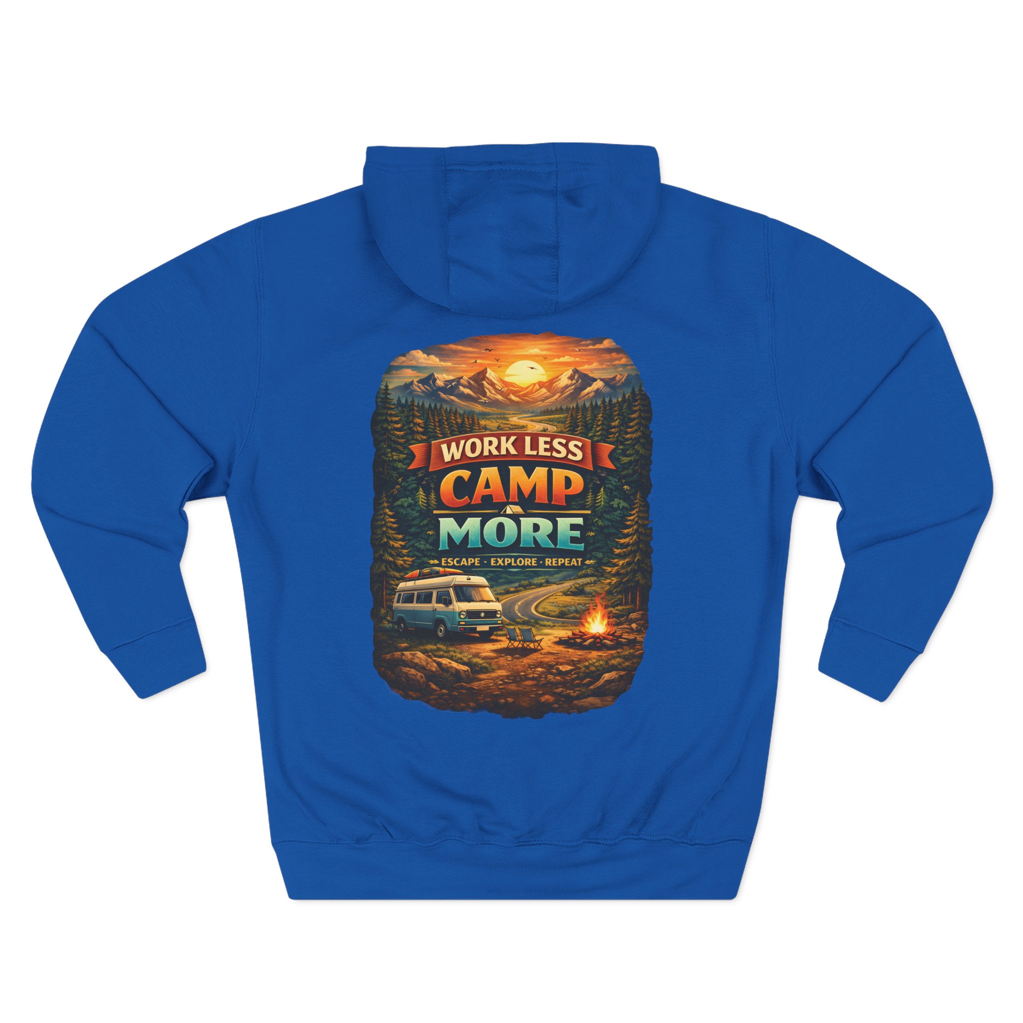 Three-Panel Fleece Hoodie - "Work Less-Camp More" Design Scenic-Line