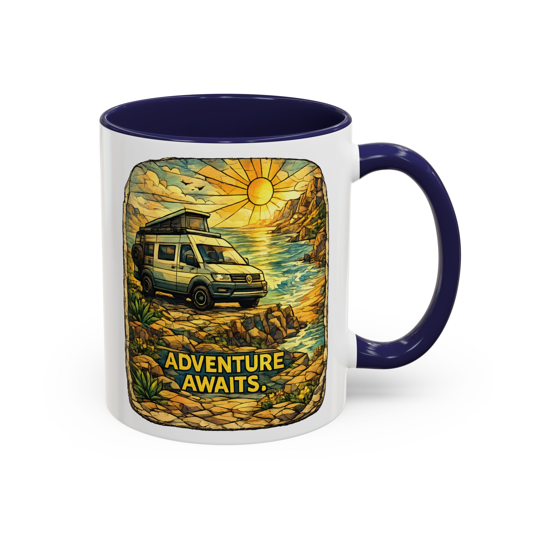 Accent Coffee Mug (11, 15oz) — "Adventure Awaits" Design Cubic-Line