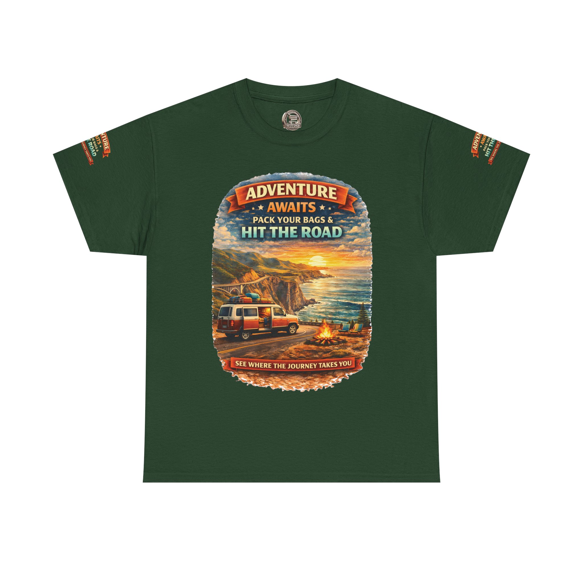 Unisex Heavy Cotton Tee — "Adventure Awaits-Pack Your Bags" Design Scenic-Line