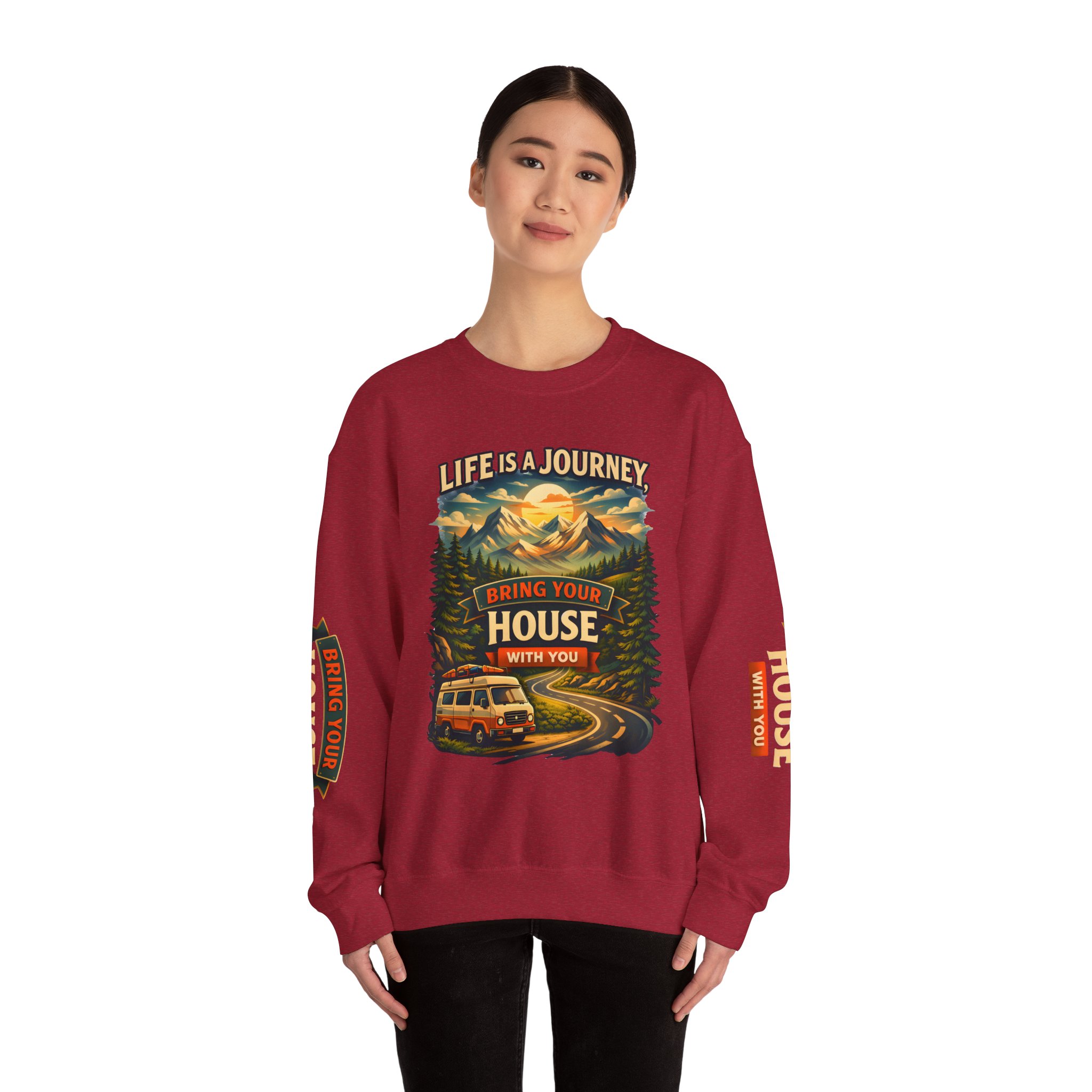 Unisex Heavy Blend™ Crewneck Sweatshirt — "Live Is A Journey-Bring Your House With You" Design Scenic-Line