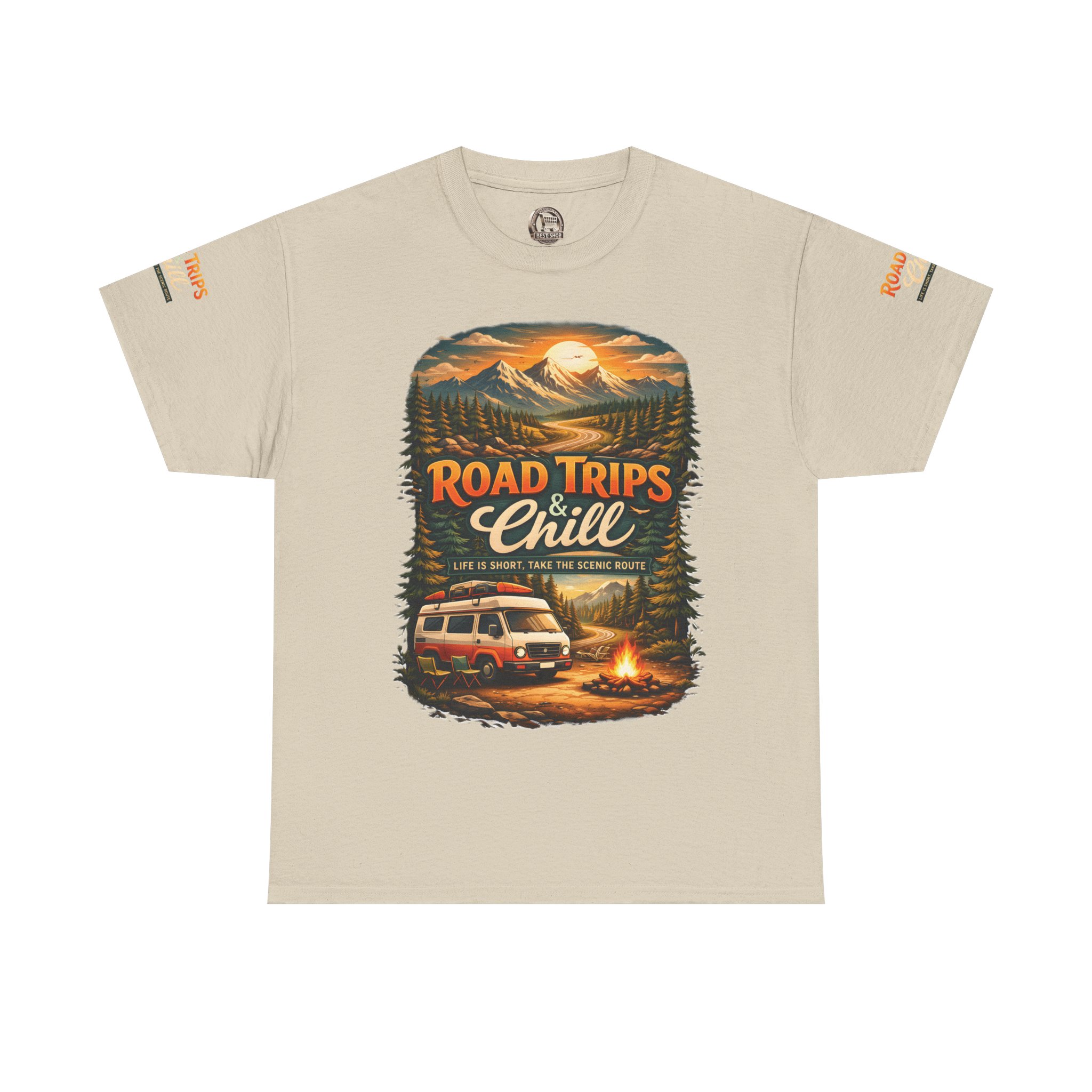 Unisex Heavy Cotton Tee — "Road Trips & Chill" Design Scenic-Line