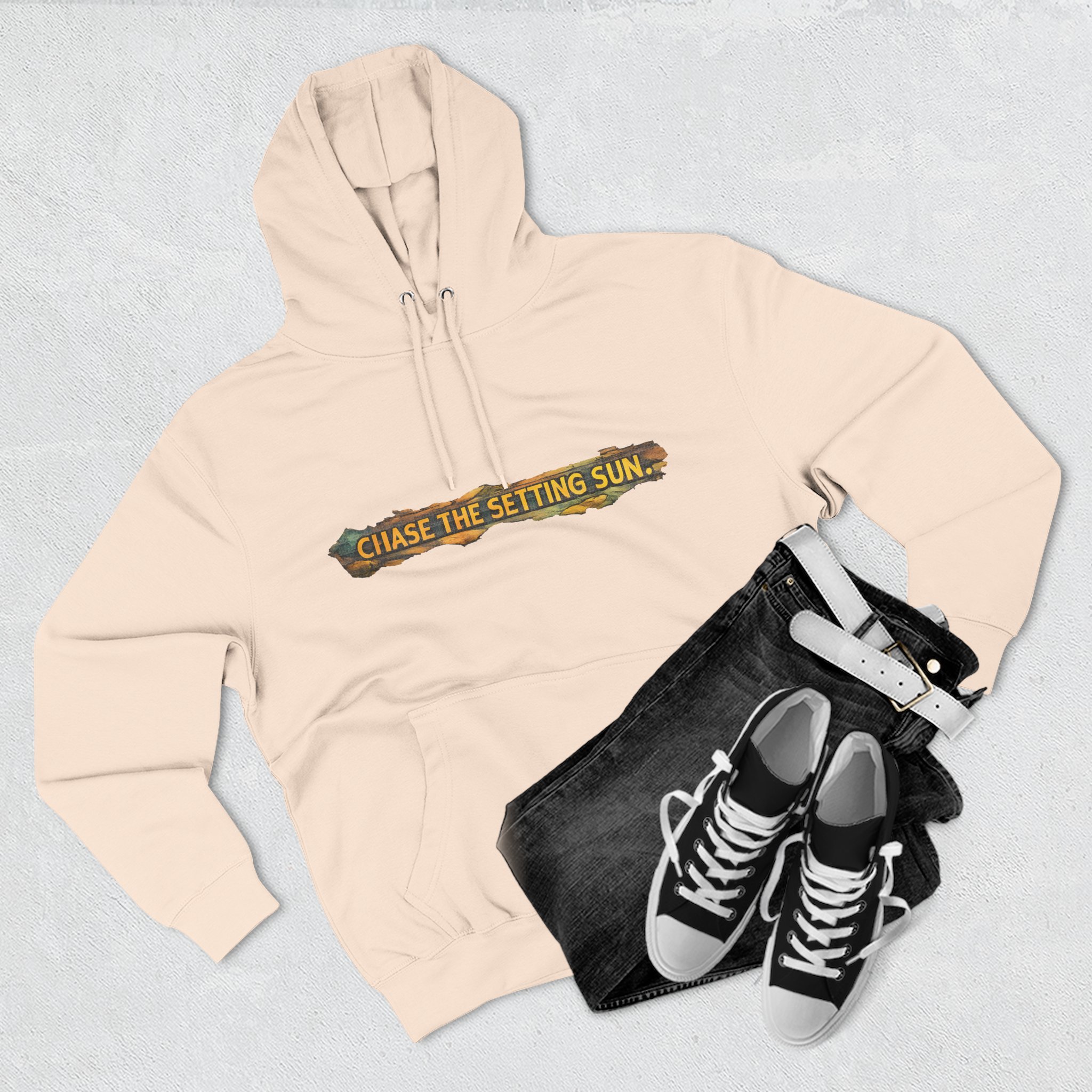 Three-Panel Fleece Hoodie - "Chase The Settings Sun" Design Cubic-Line
