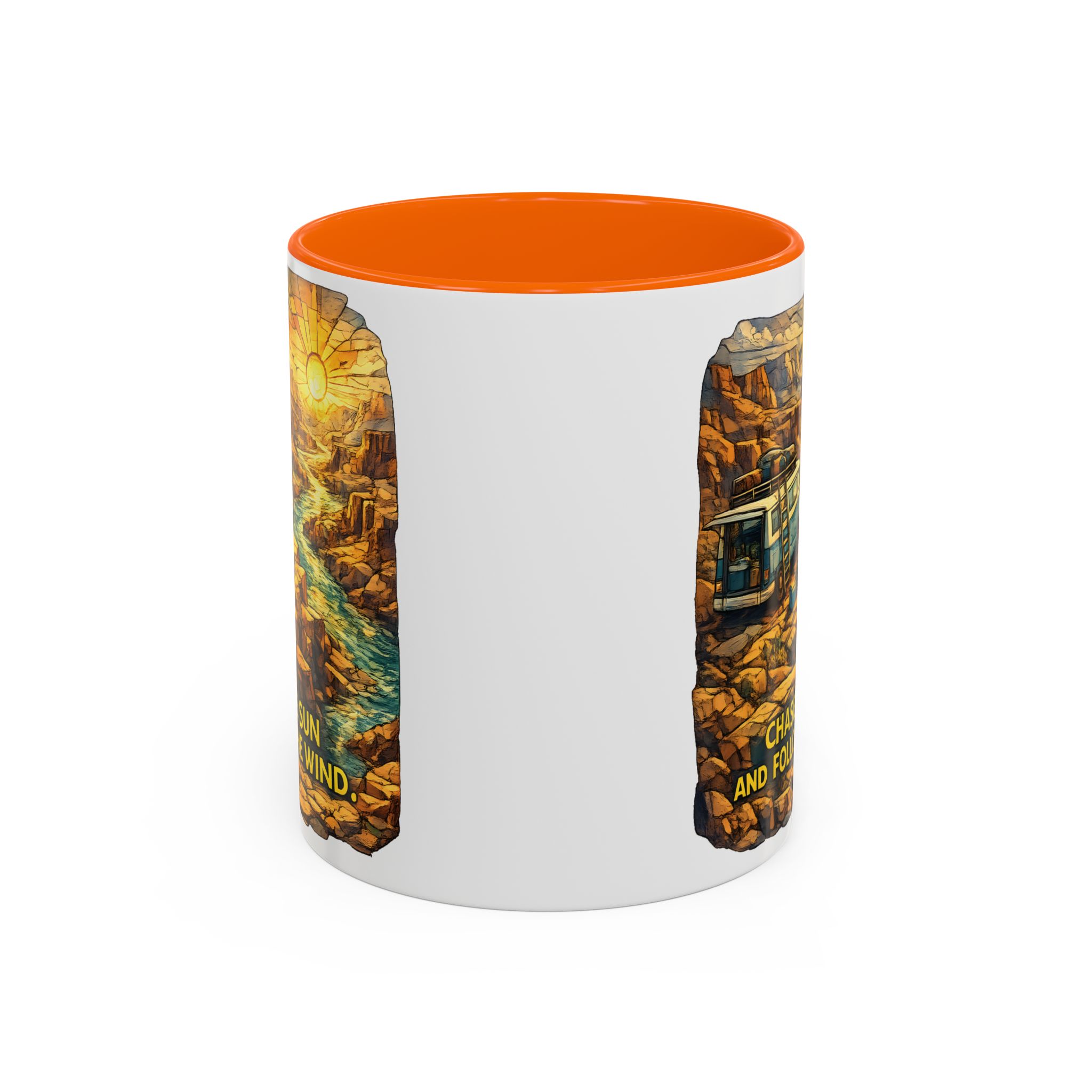 Accent Coffee Mug (11, 15oz) — "Chase The Sun And Follow The Wind" Design Cubic-Line