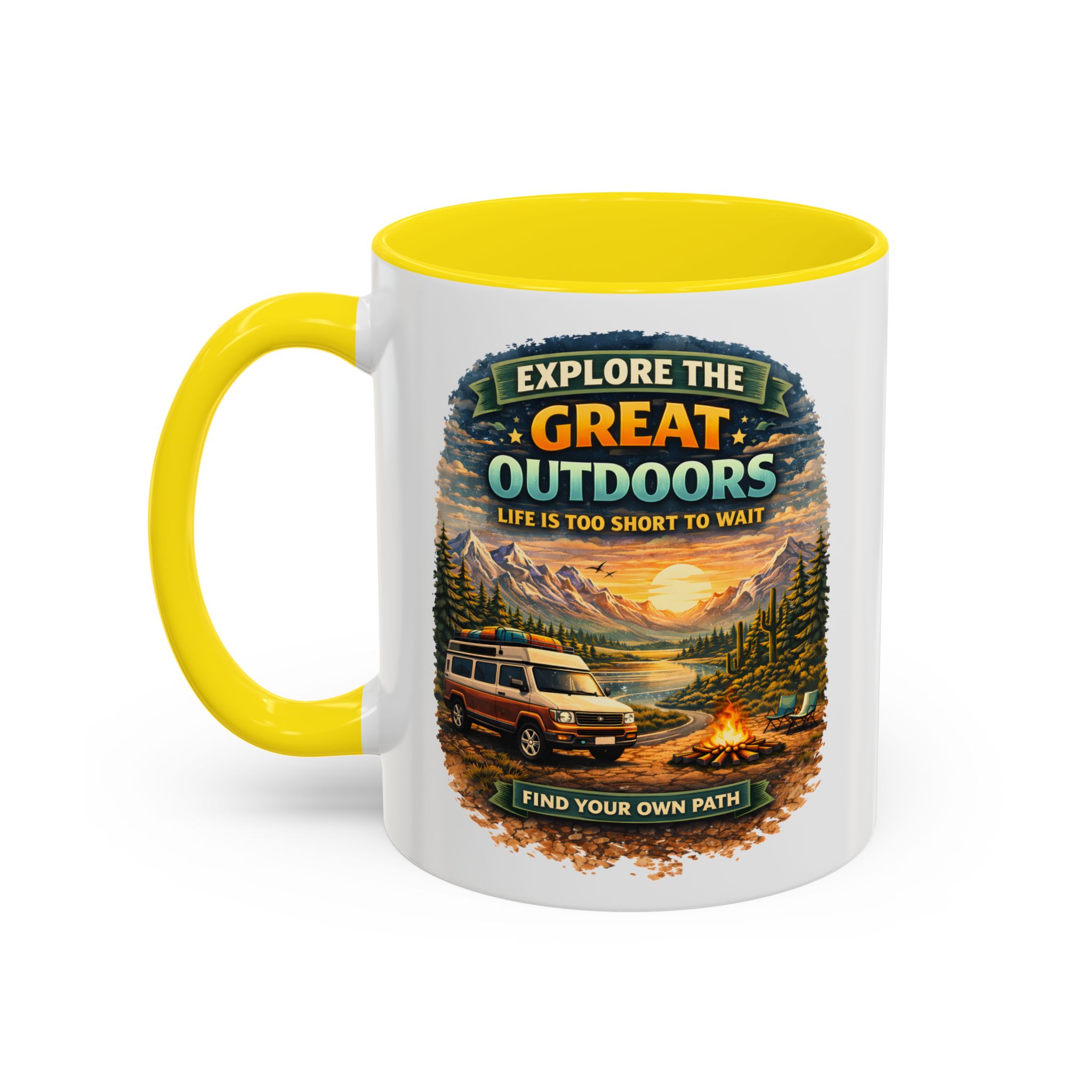 Accent Coffee Mug (11, 15oz) — "Explore The Great Outdoors" Design Scenic-Line