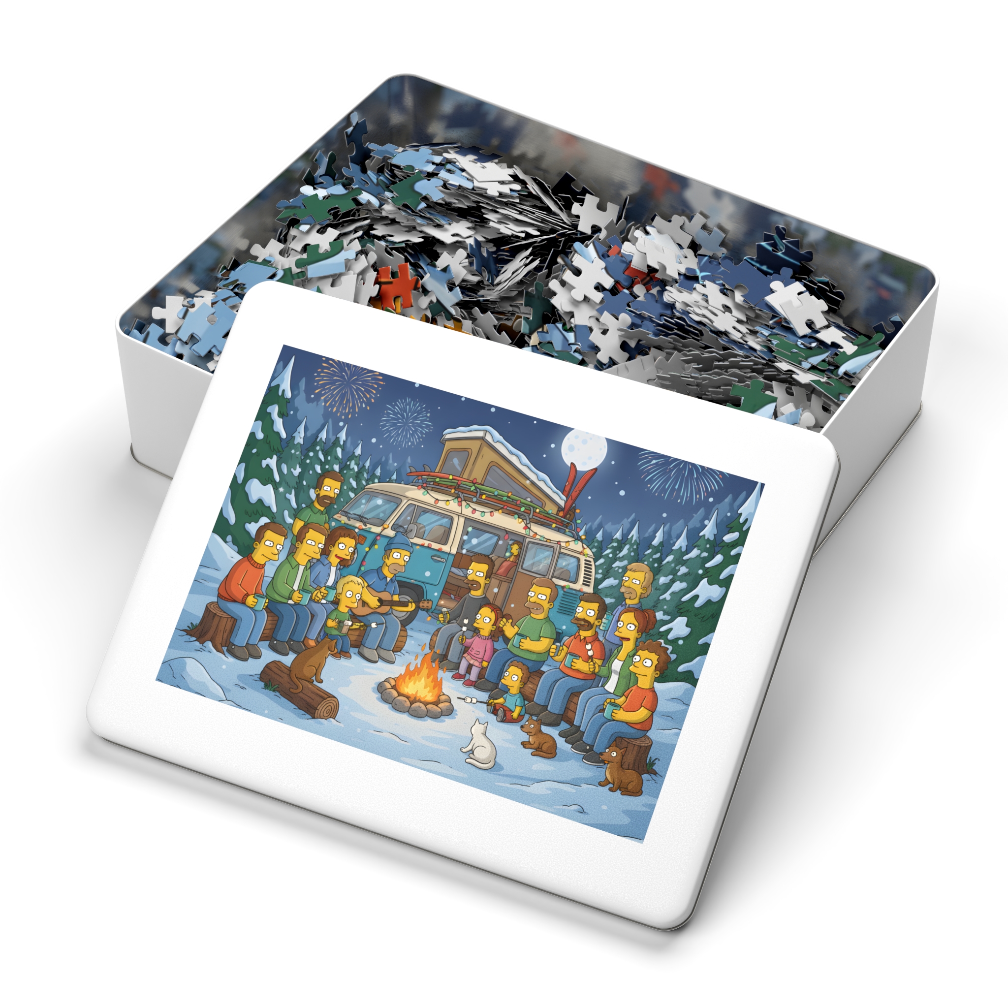 Jigsaw Puzzle with Tin — Winter Campfire Scene
