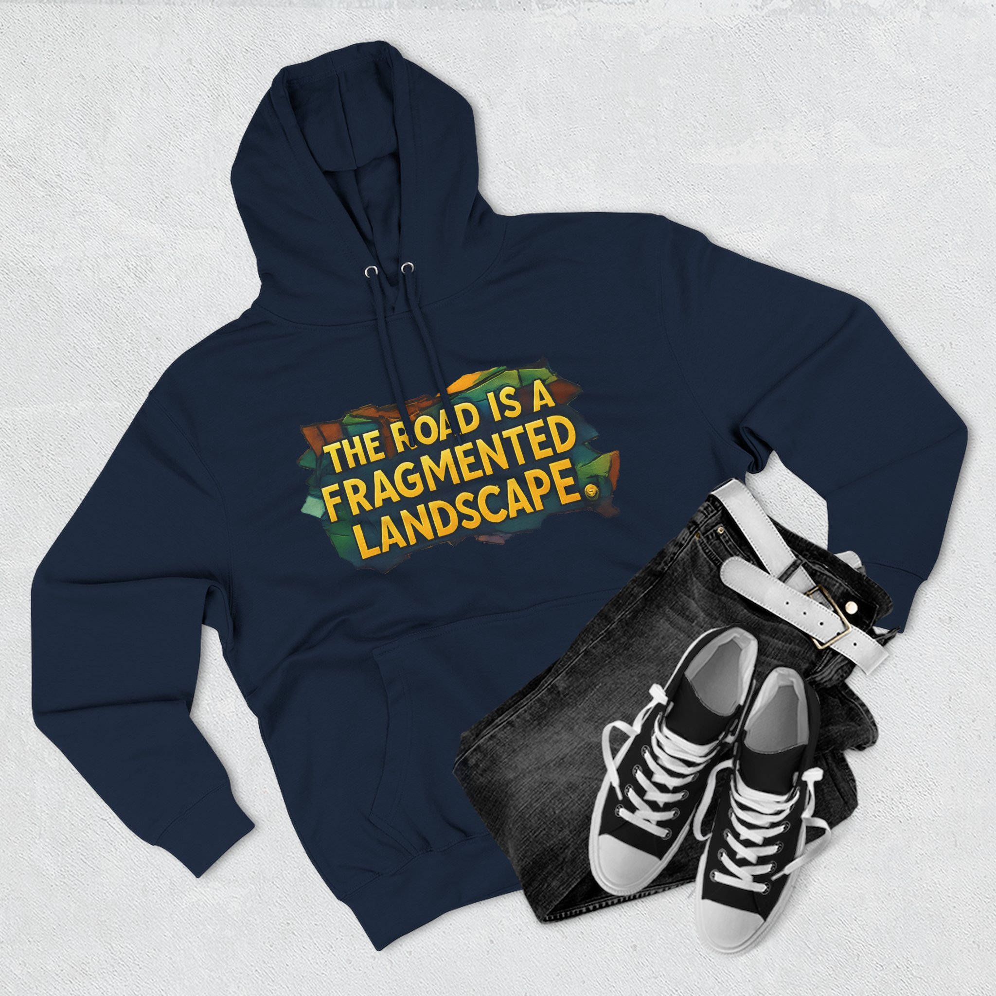 Three-Panel Fleece Hoodie - "The Road Is A Fragmented Landscape" Design Cubic-Line