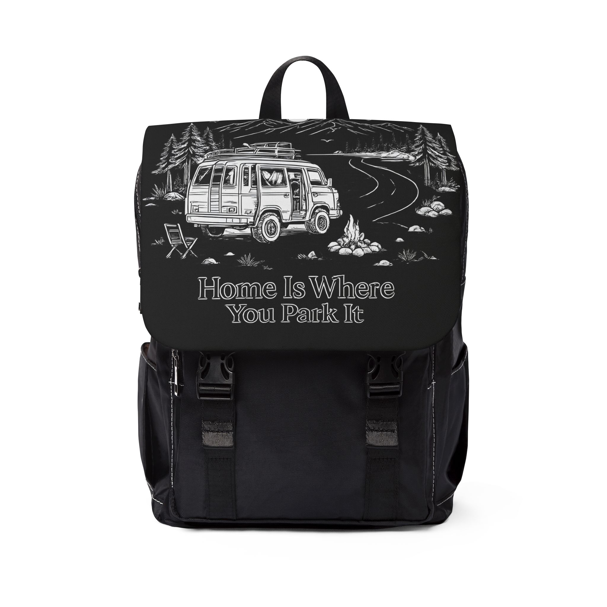 Unisex Casual Shoulder Backpack — "Home Is Where You Park It" Design Minimal-Line