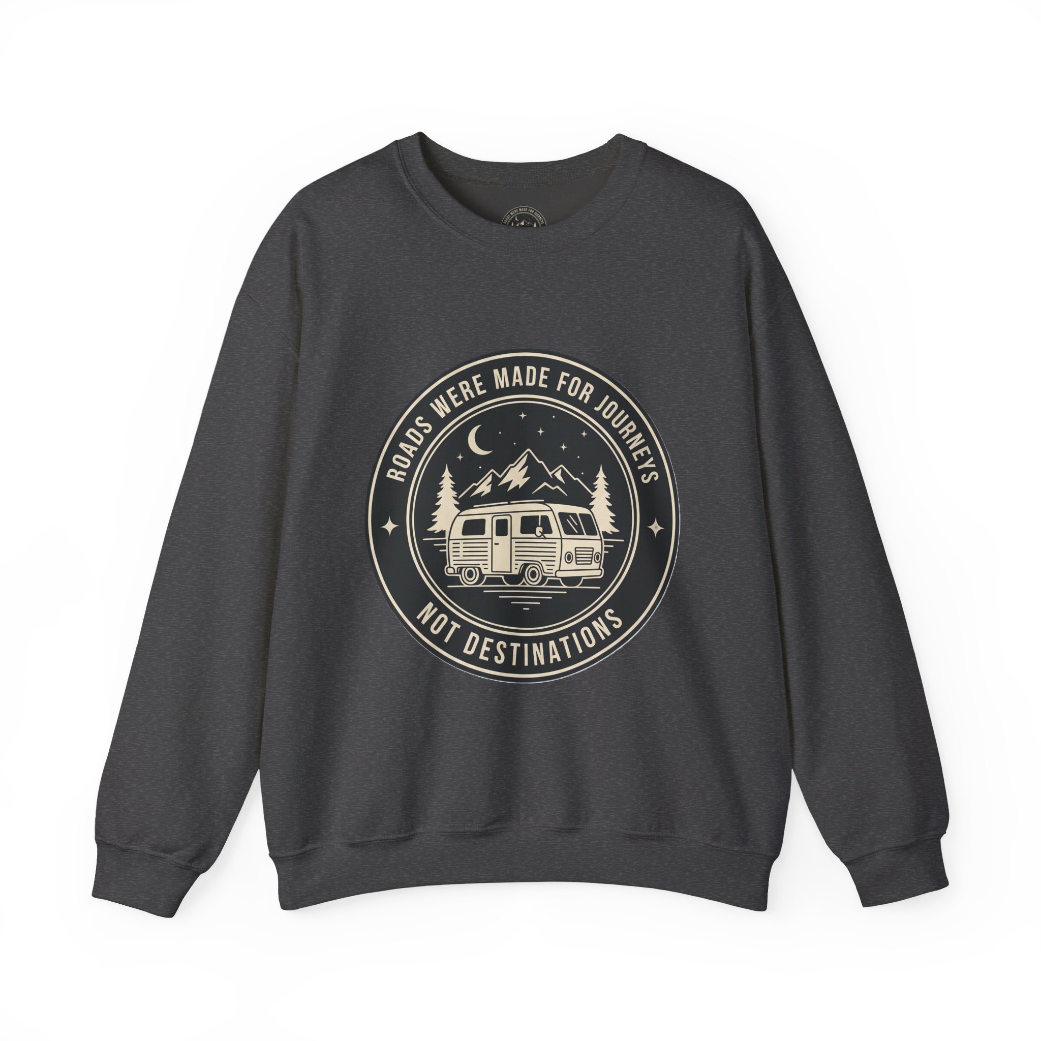 5261381618342209062_2048.jpeg Crewneck Sweatshirt — "ROAD WHERE MADE FOR JOURNEYS-NOT DESTINATIONS" (Ony Font printed) Vintage Camper Van Outdoor Graphic