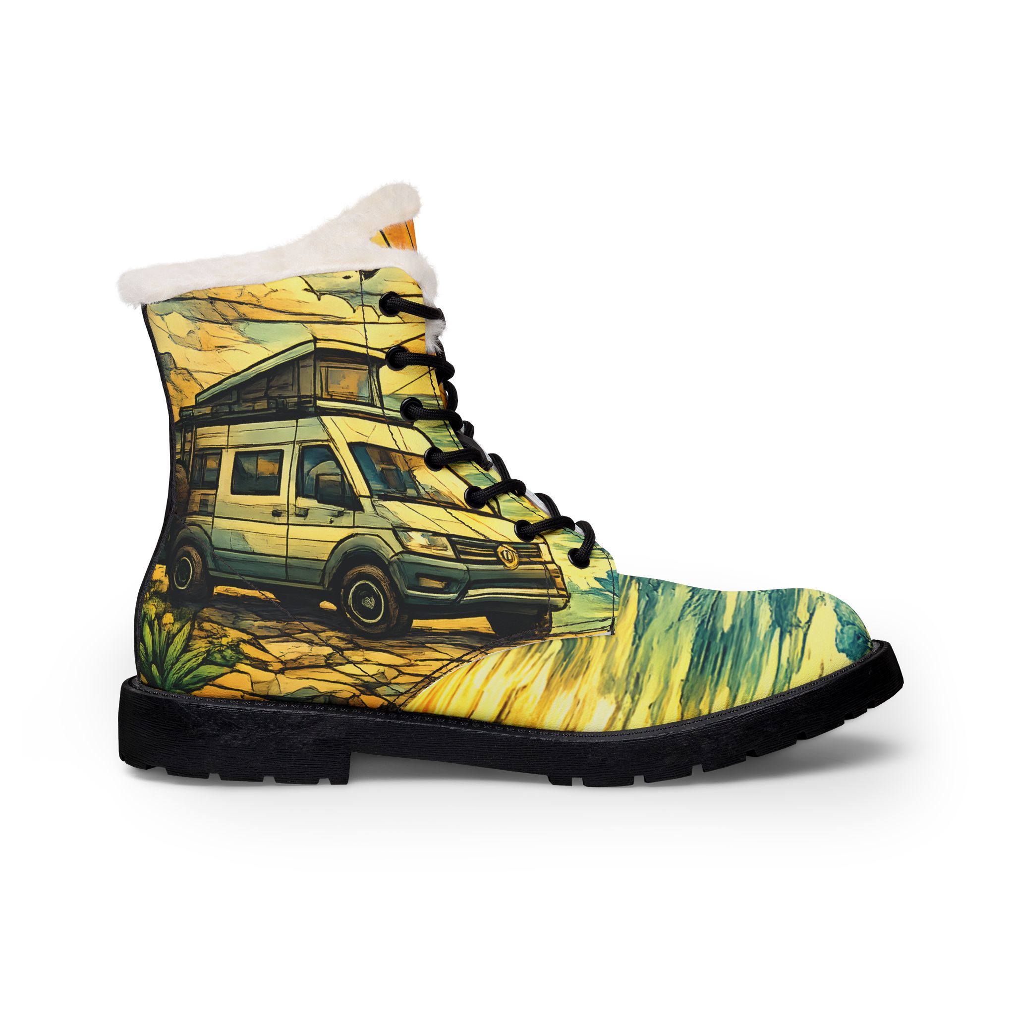 Women's Fur and Leather Boots — Women's VW camper Boots (Cubic-Line)