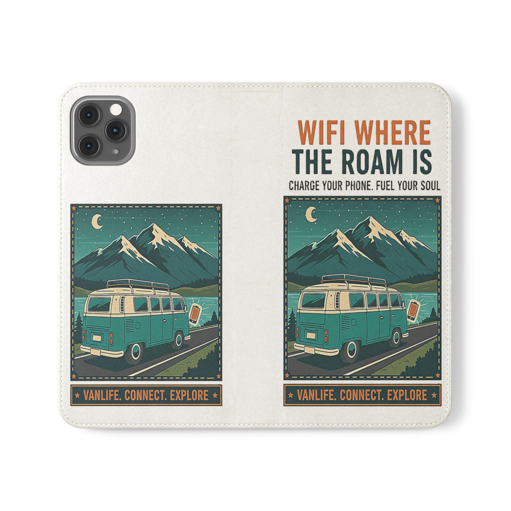Flip Phone Case — “WiFi Where the Roam Is” Vanlife Wallet Case