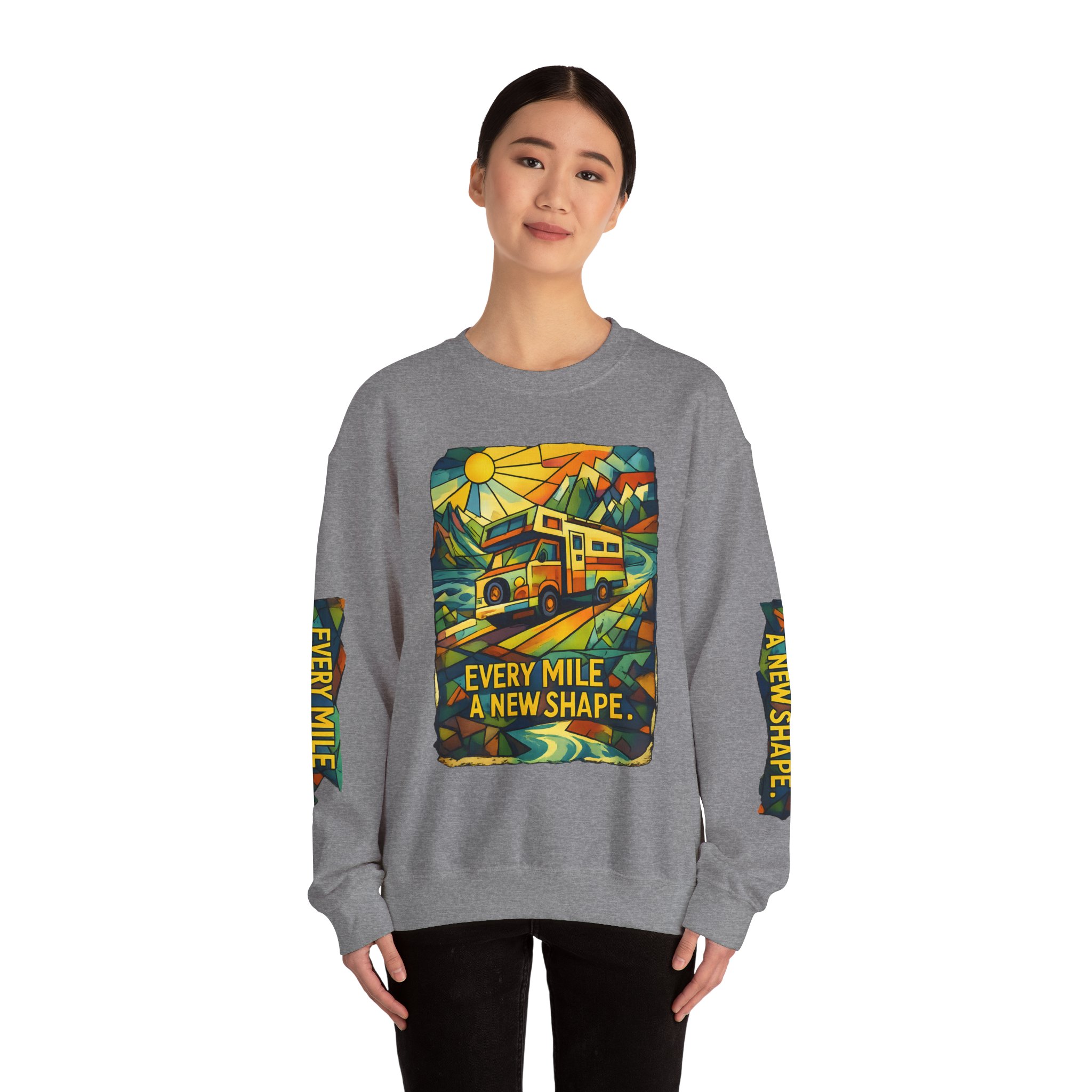 Unisex Heavy Blend™ Crewneck Sweatshirt — "Every Mile A New Shape" Design Cubic-Line