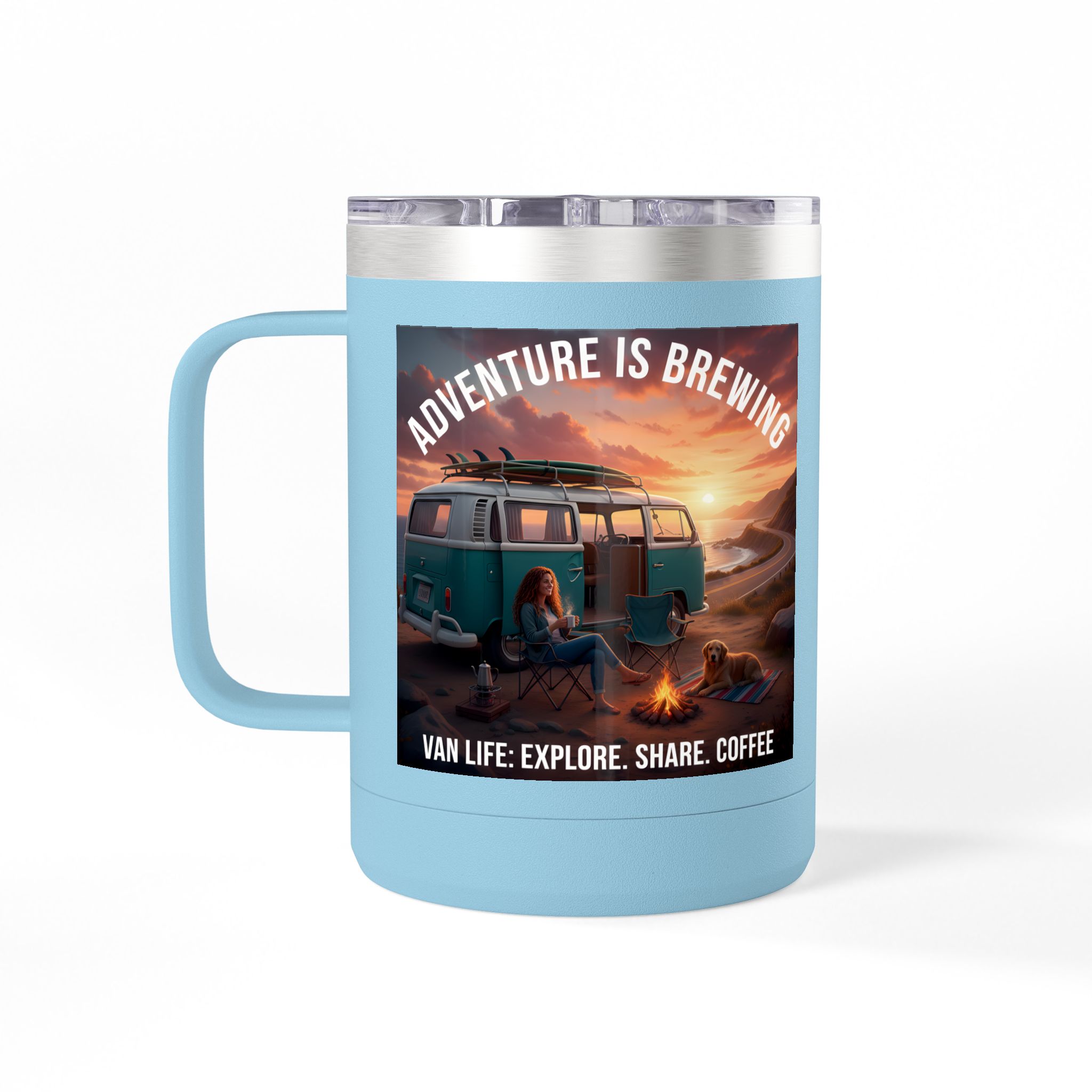 Coffee Mug Tumbler, 15oz-- "Adventure Is Brewing"
