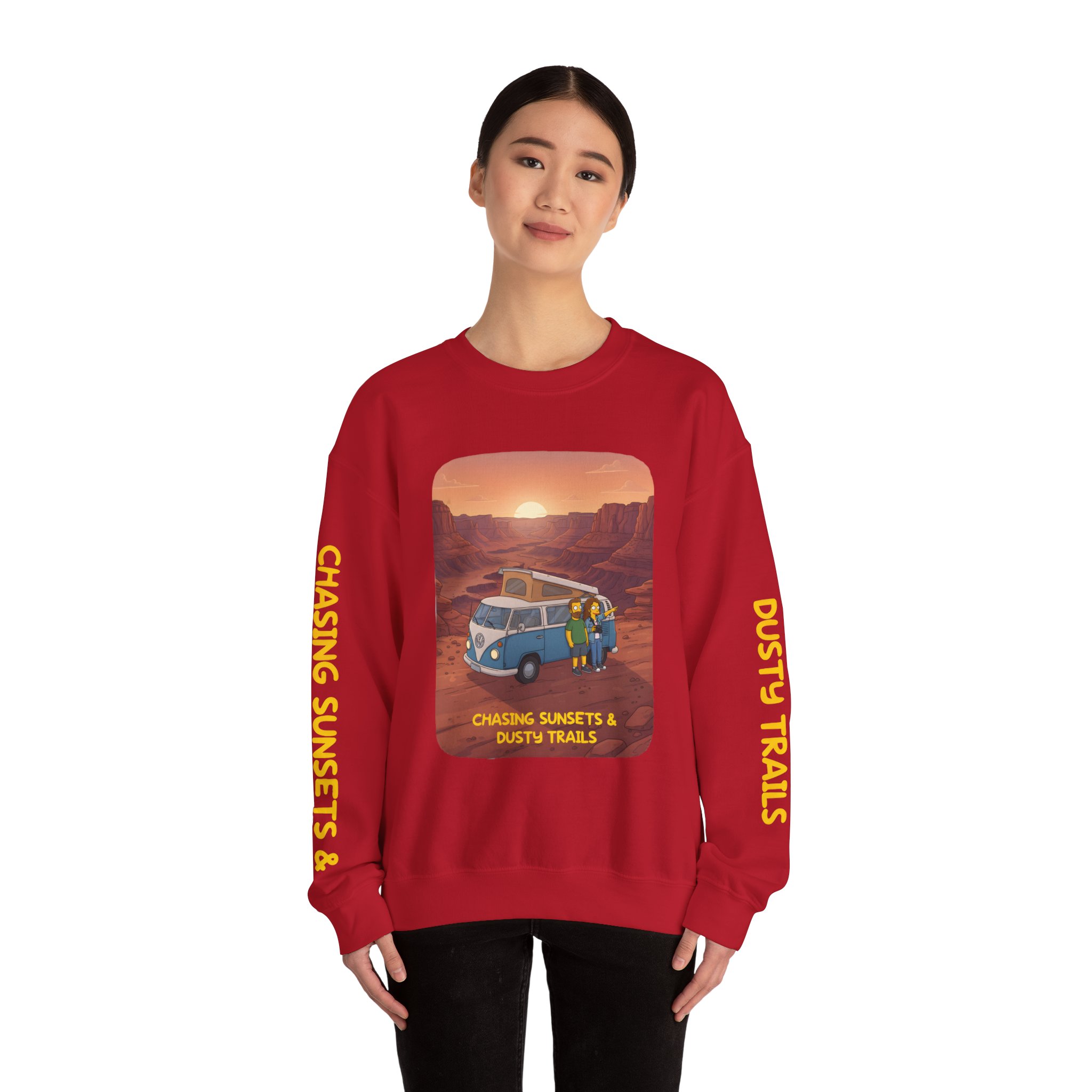 Unisex Heavy Blend™ Crewneck Sweatshirt — "Chasing Sunsets And Dusty Trails" Design Sitcom-Line
