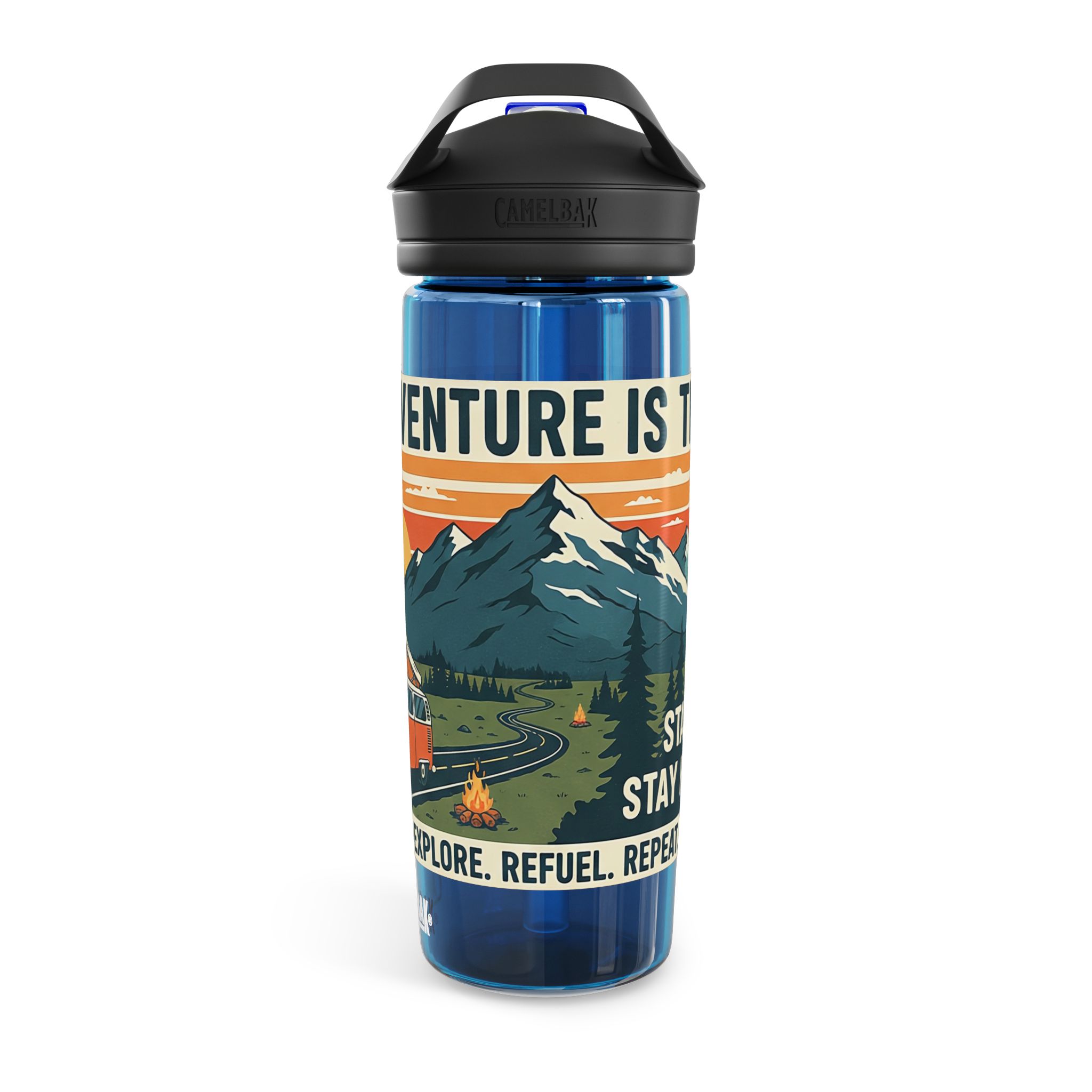 Water Bottle — 20/25oz CamelBak Eddy® | "Adventure Is Out There " Retro Mountain & Van Camping Design