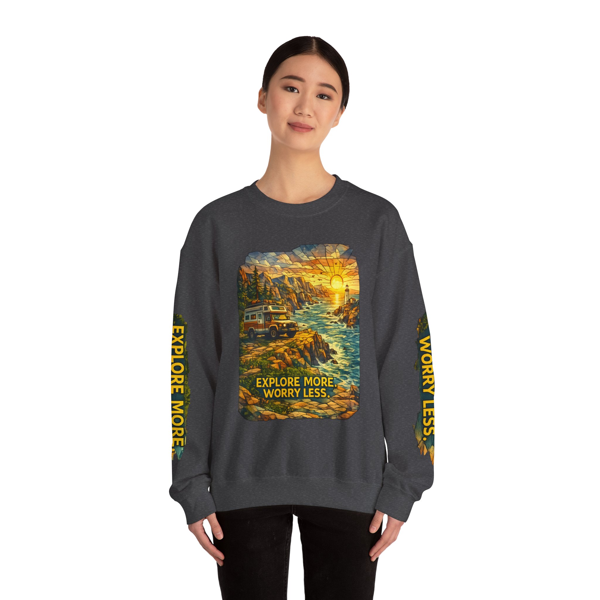 Unisex Heavy Blend™ Crewneck Sweatshirt — "Explore More Worry Less" Design Cubic-Line