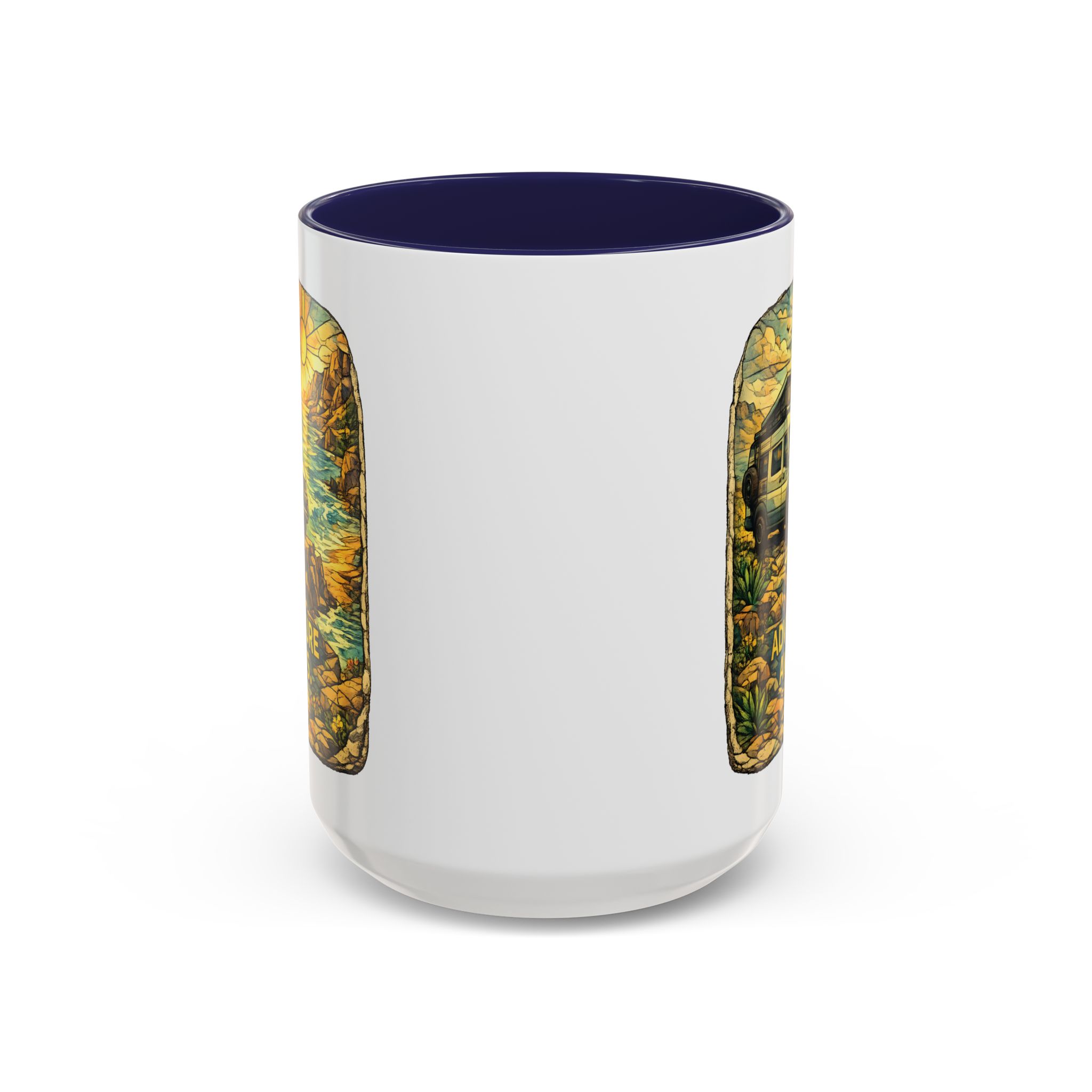 Accent Coffee Mug (11, 15oz) — "Adventure Awaits" Design Cubic-Line