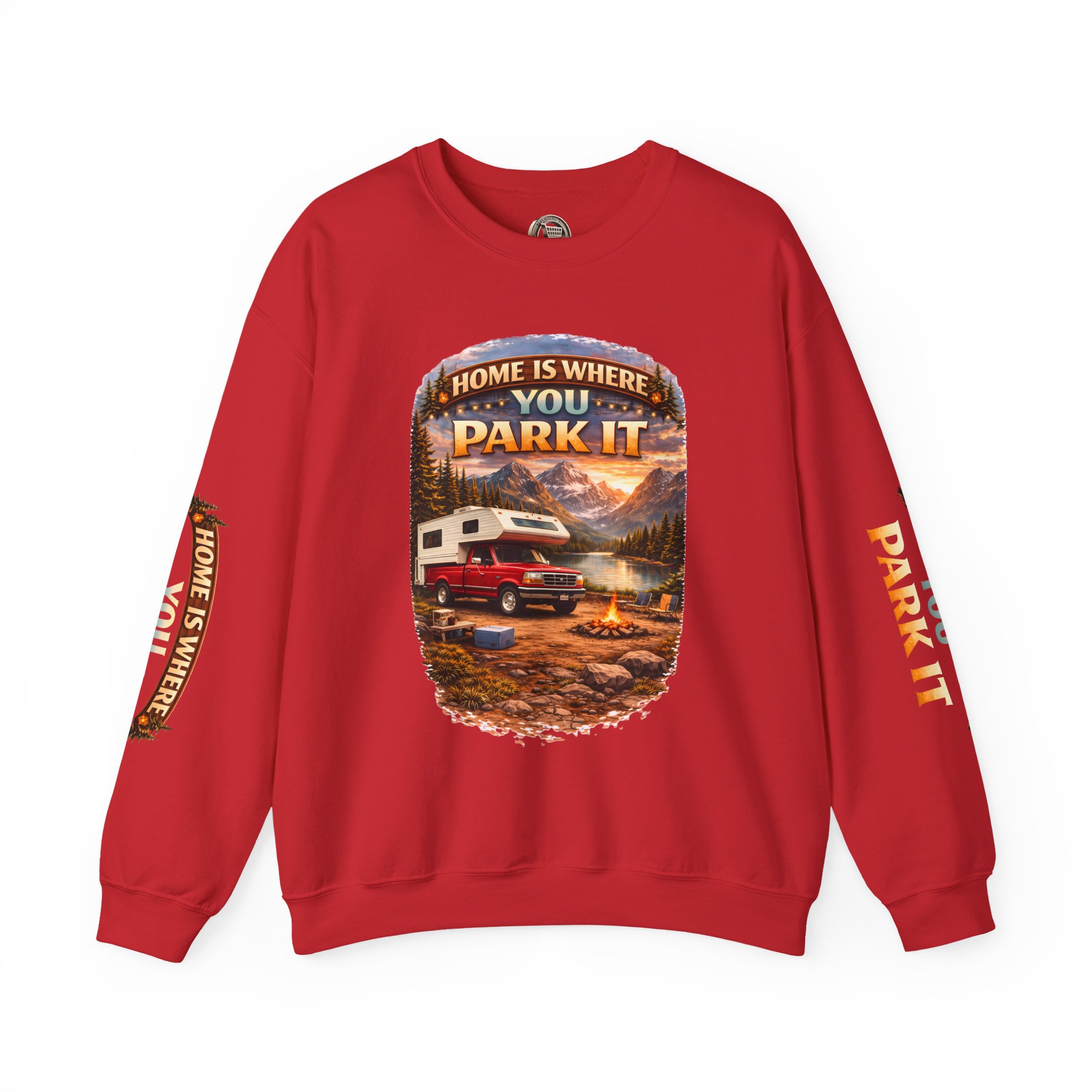 Unisex Heavy Blend™ Crewneck Sweatshirt — "Home Is Where You Park It" Design Scenic-Line