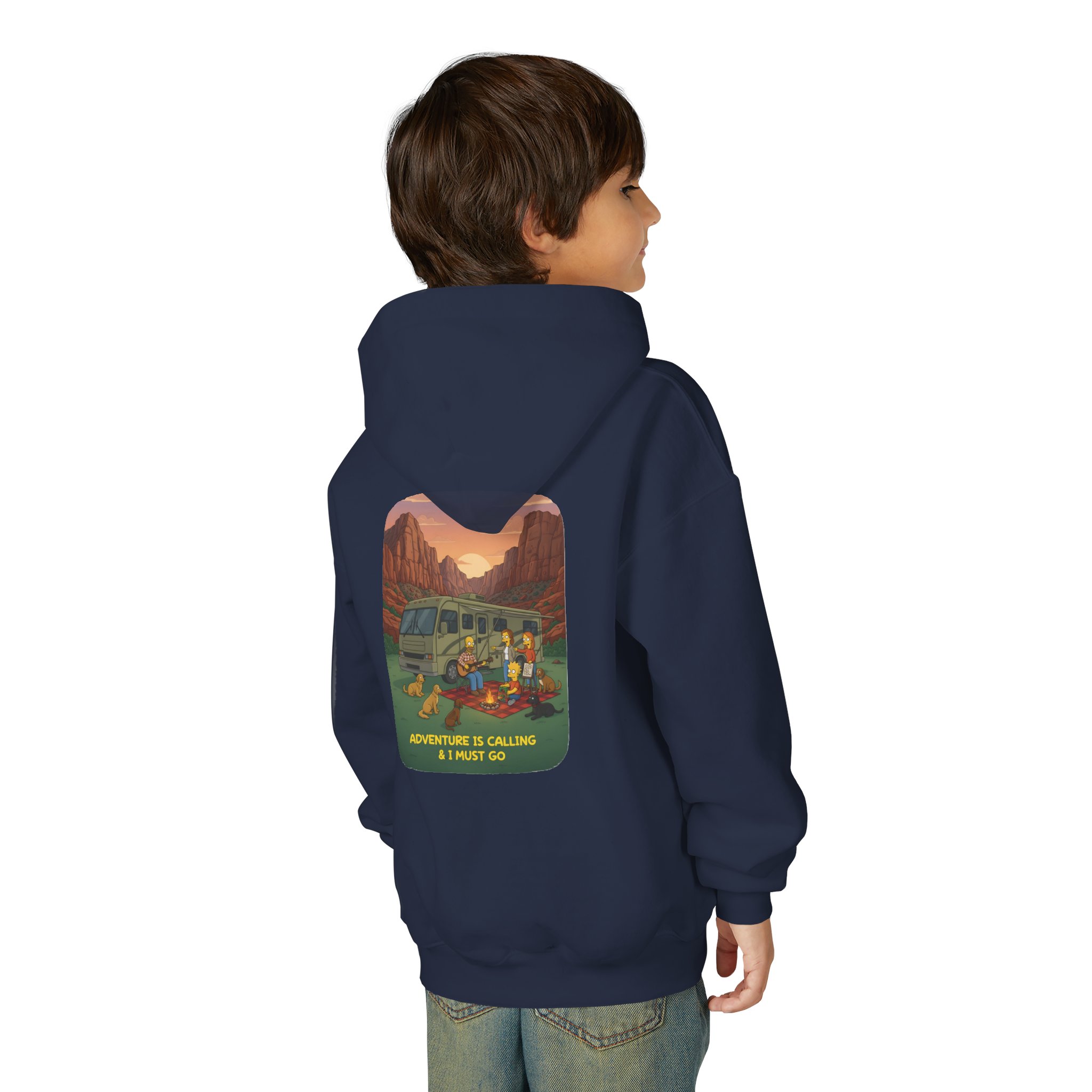 Youth Hoodie(Gildan) – "Adventure Is Calling-I Must Go" (Design Sitcom-Line)