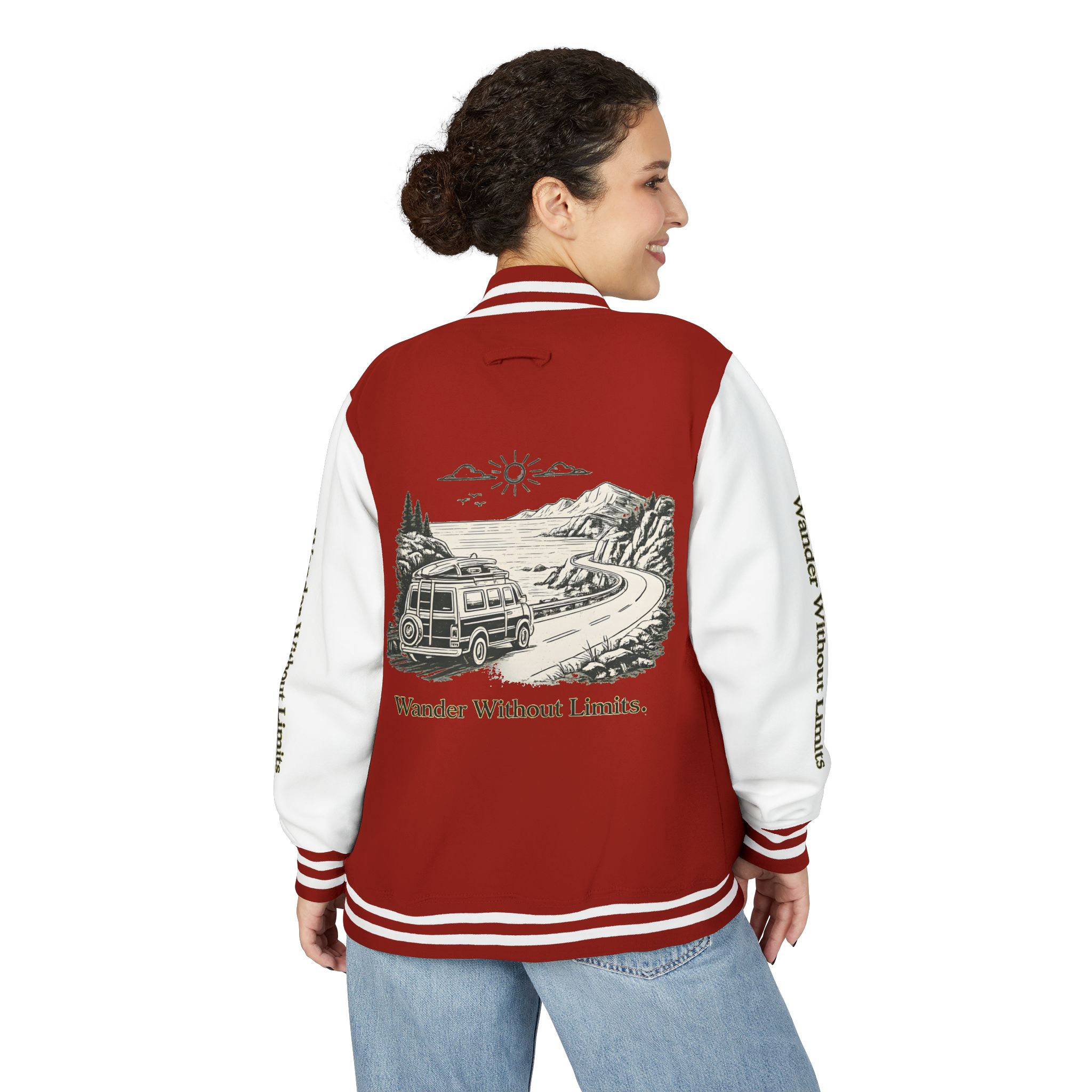 Unisex Heavyweight Letterman Jacket — "Wander Without Limits" Travel Varsity Coat