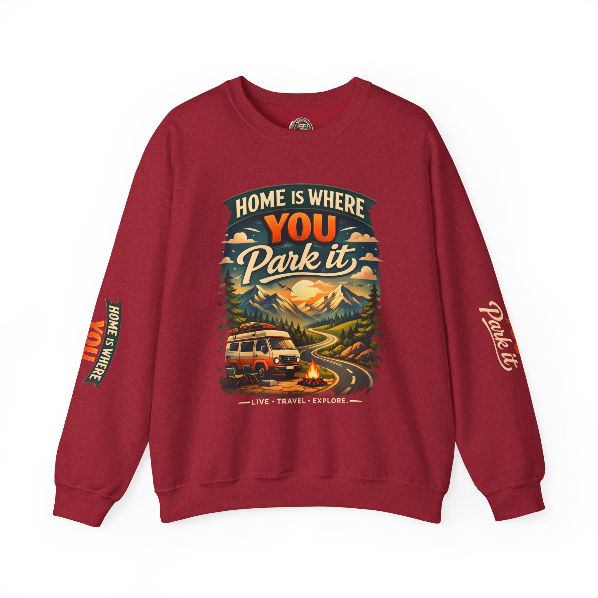 Unisex Heavy Blend™ Crewneck Sweatshirt — "Home Is Where You Park It" Design Scenic-Line