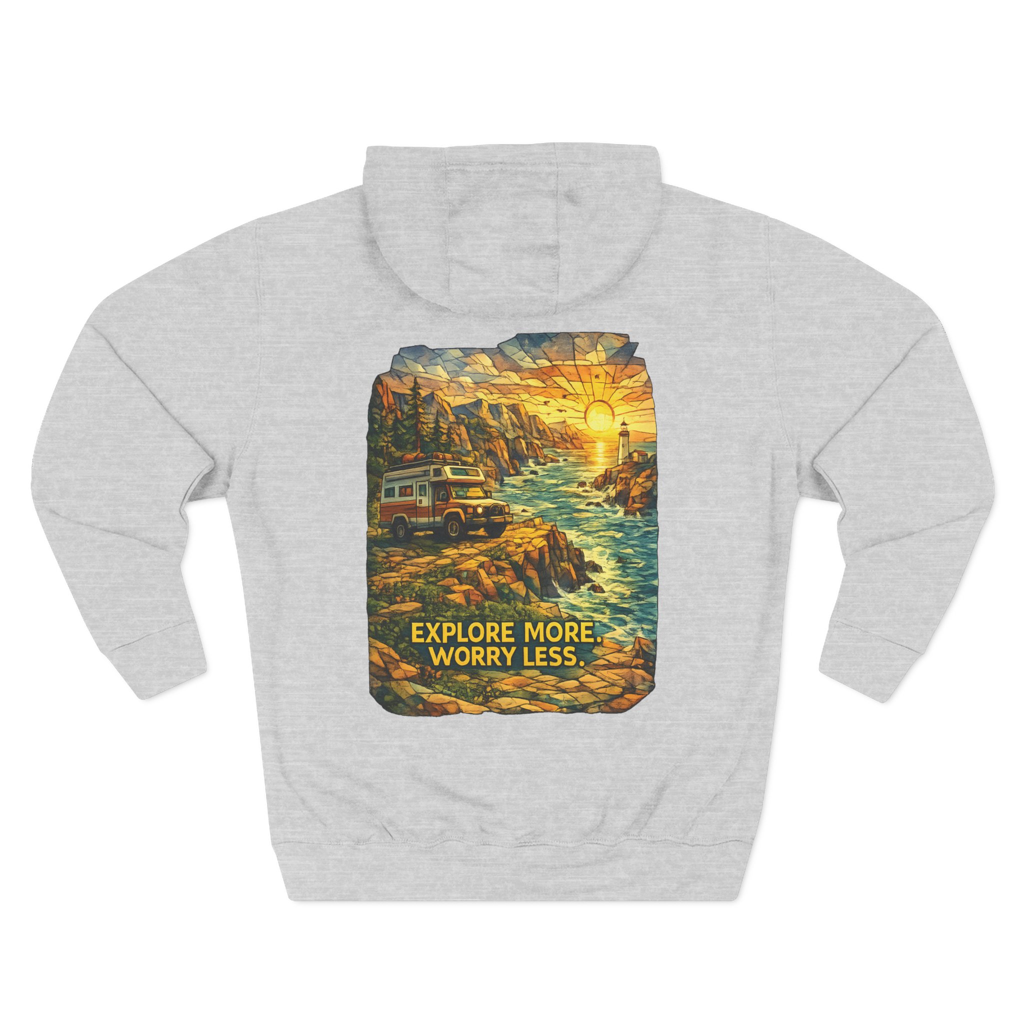 5385630607180421521_2048.jpeg Three-Panel Fleece Hoodie - "Explore More Worry Less" Design Cubic-Line