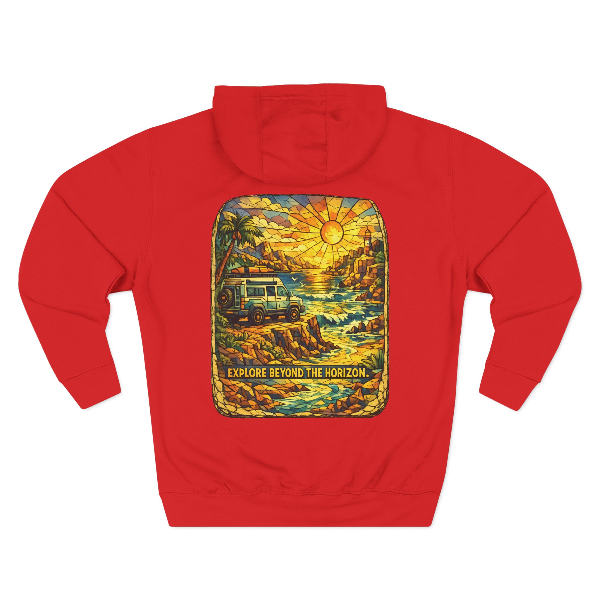 Three-Panel Fleece Hoodie - "Explore Beyond The Horizon" Design Cubic-Line