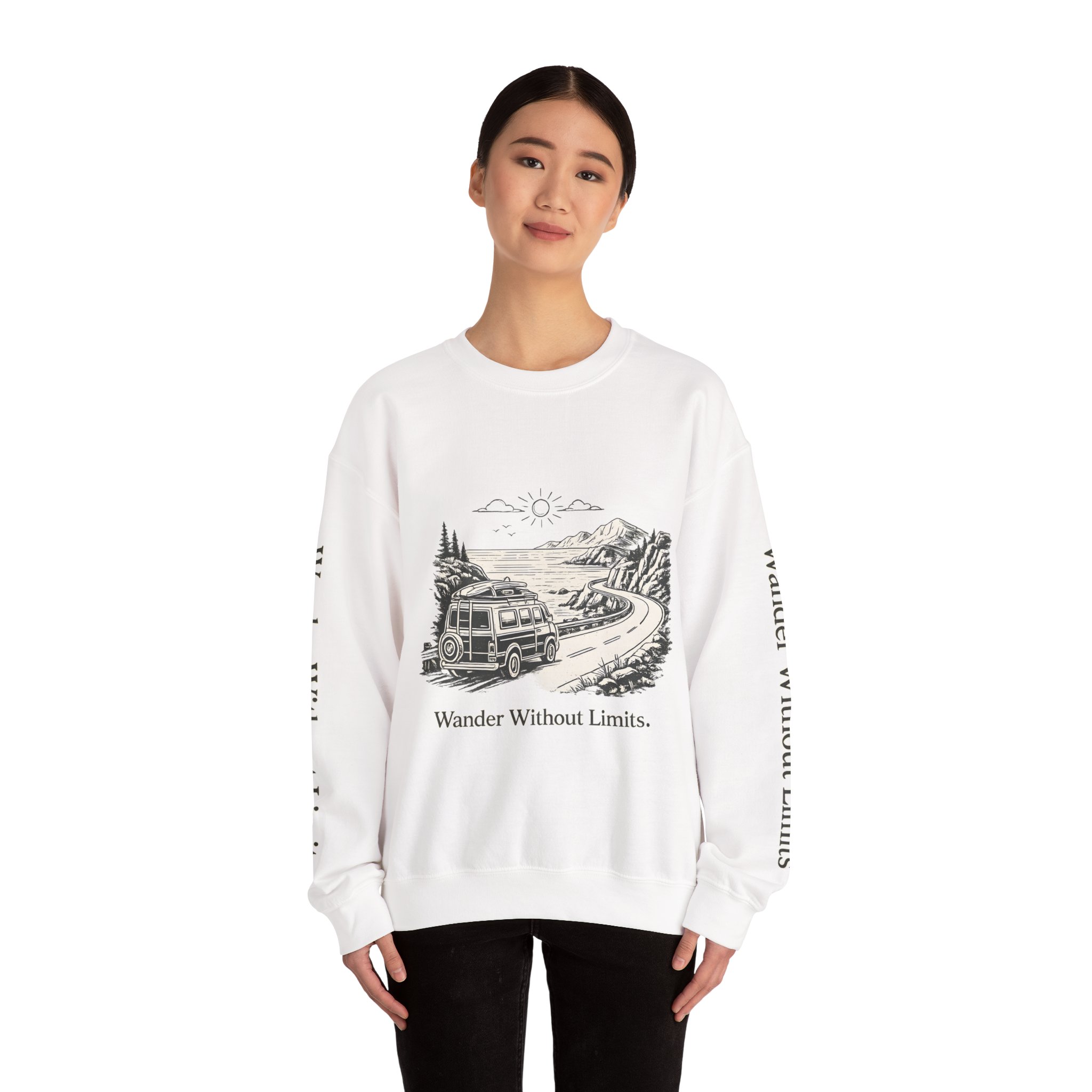 Unisex Heavy Blend™ Crewneck Sweatshirt — "Wander Without Limits" Design Minimal-Line