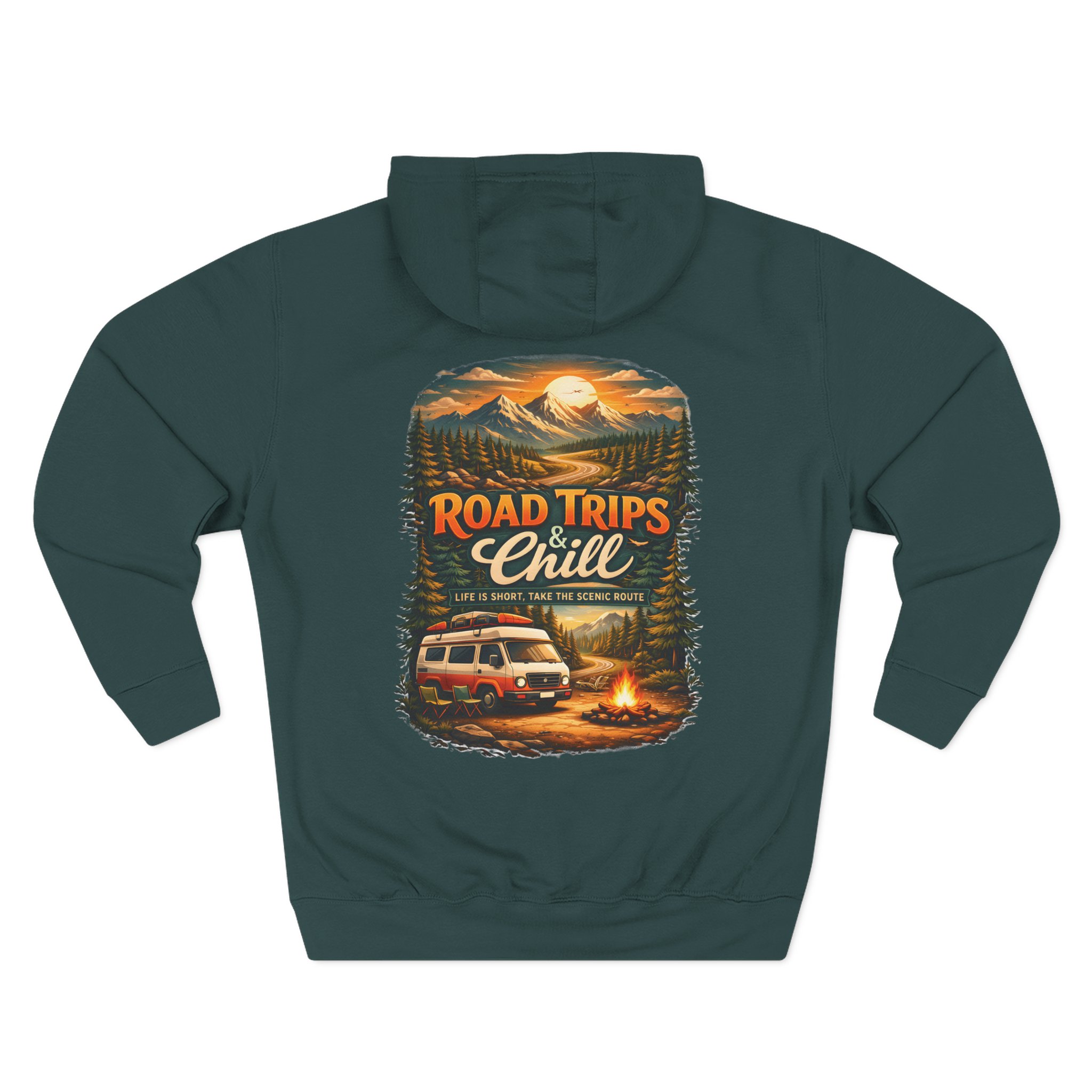 Three-Panel Fleece Hoodie - "Road Trips & Chill" Design Scenic-Line