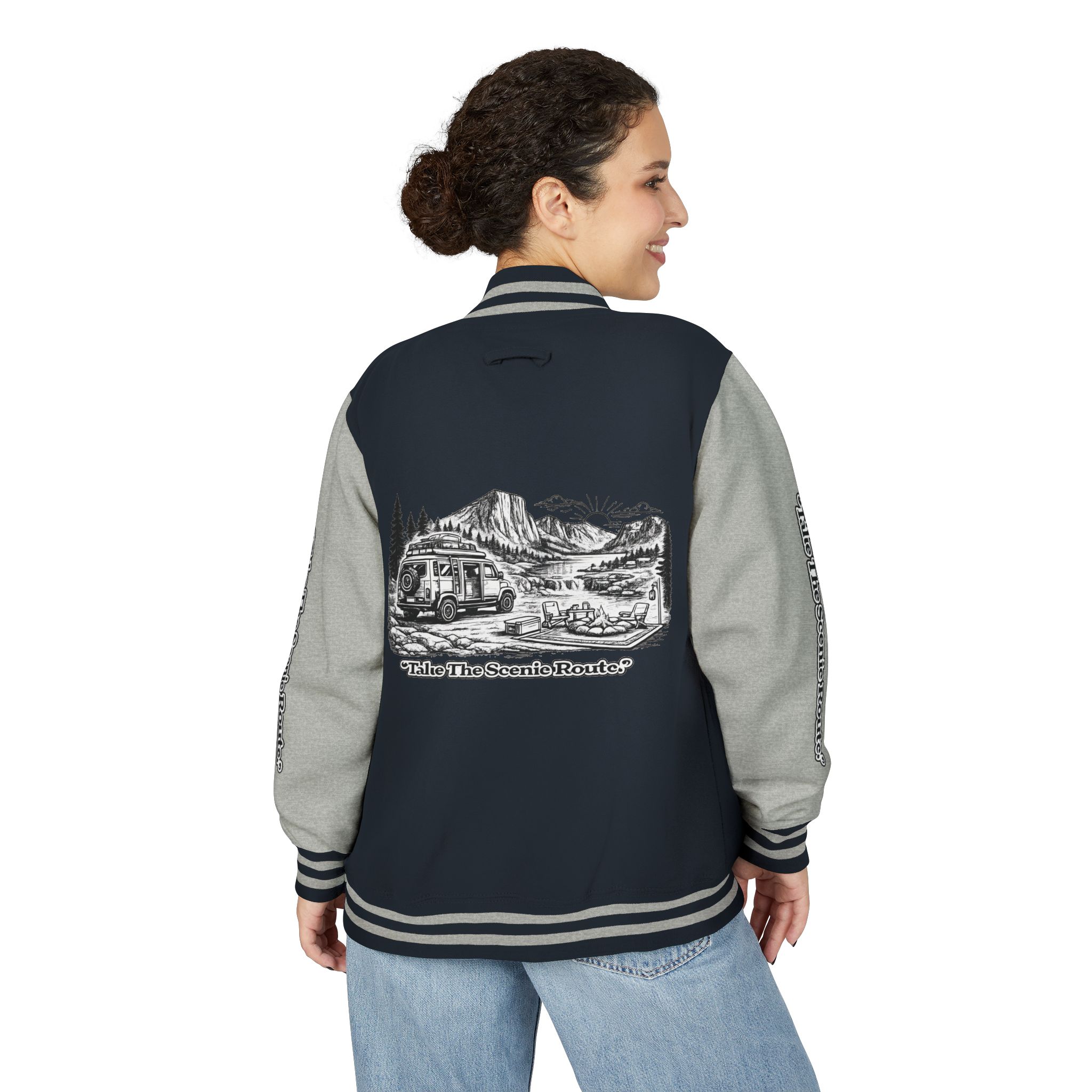Unisex Heavyweight Letterman Jacket — "Take The Scenic Route" Travel Varsity Coat