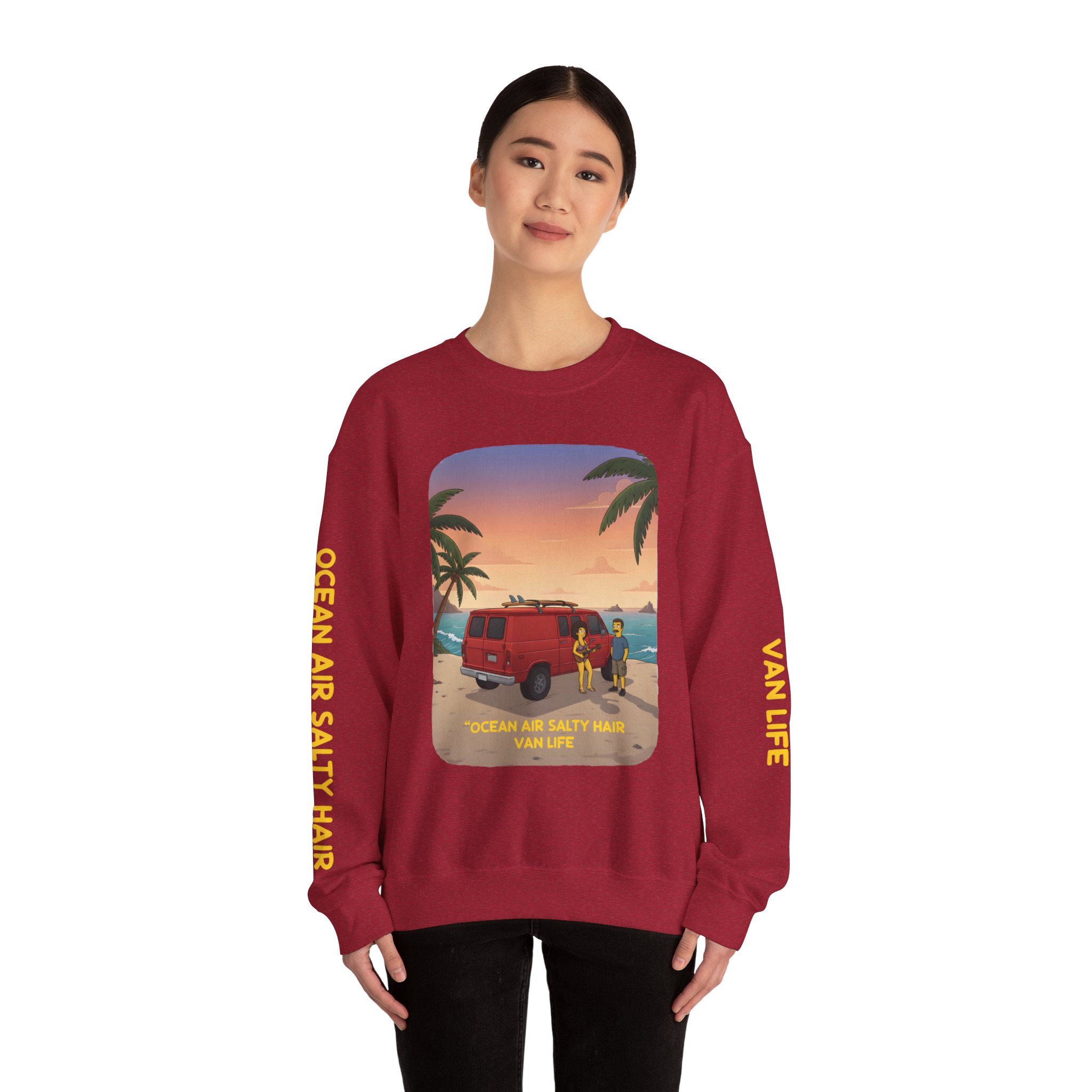 Unisex Heavy Blend™ Crewneck Sweatshirt — "Ocean Air Salty Hair Van Life" Design Sitcom-Line