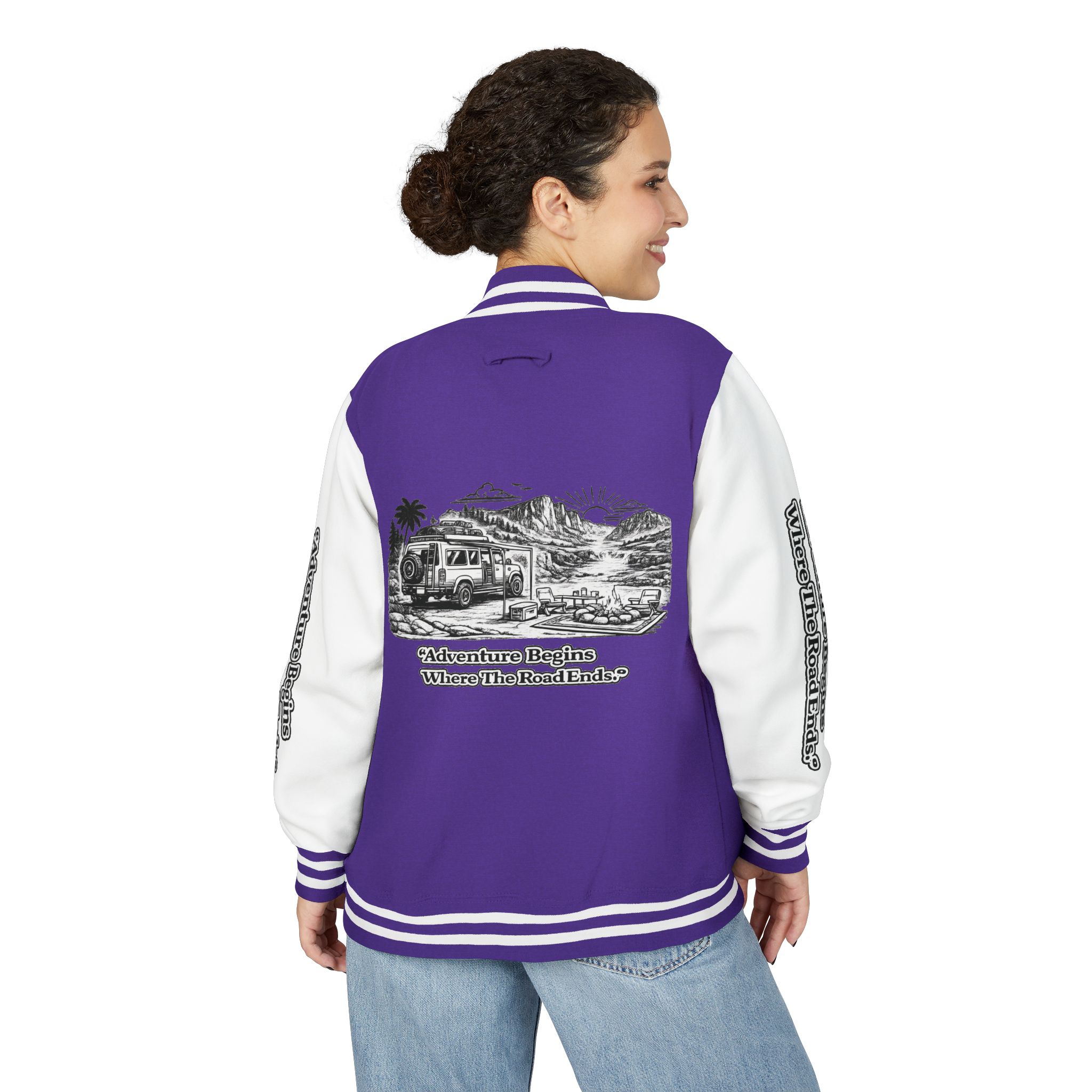 5419685015014238132_2048-1.jpeg Unisex Heavyweight Letterman Jacket — "Adventure Begins Where The Road Ends" Travel Varsity Coat