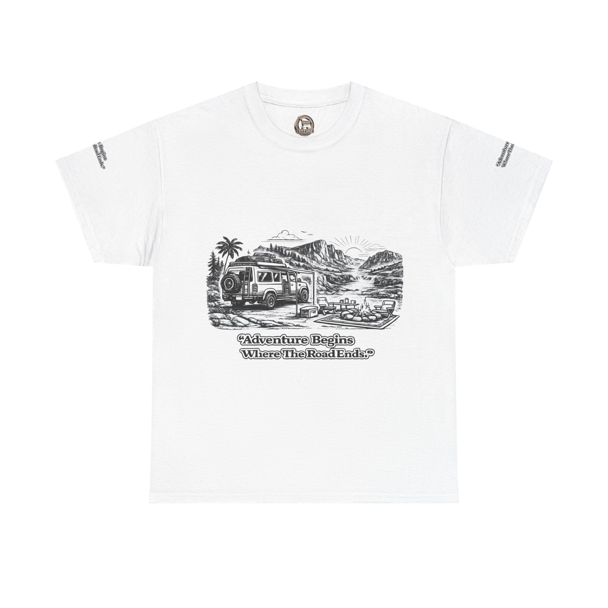 Unisex Heavy Cotton Tee — "Adventure Begins Where The Road Ends" Design Minimal-Line
