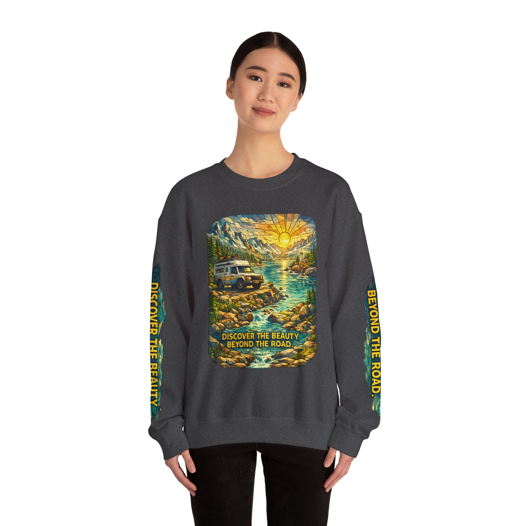 Unisex Heavy Blend™ Crewneck Sweatshirt — "Discover The Bieuty Beyond The Road" Design Cubic-Line