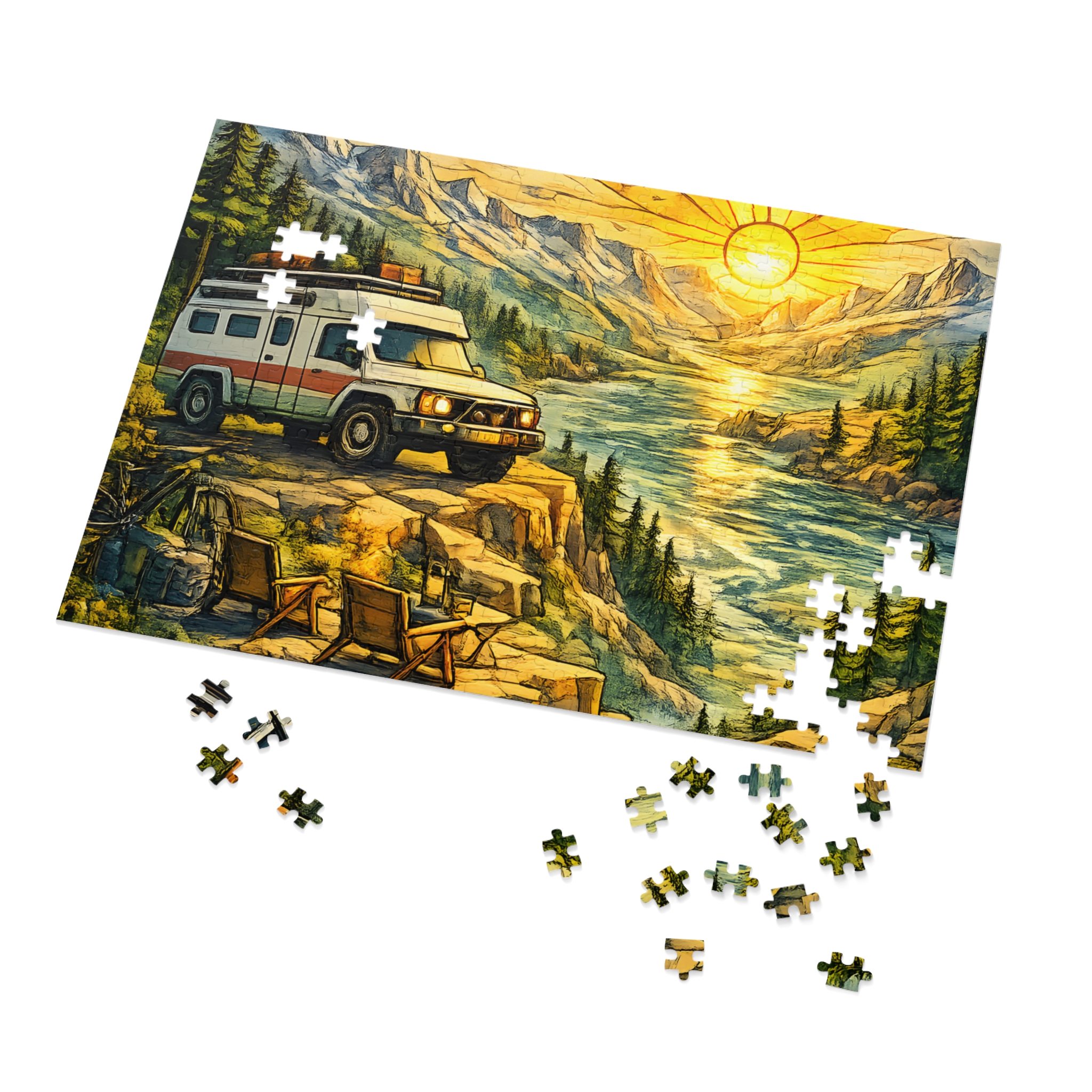 Jigsaw Puzzle with Tin — Camping Van Sunset (Design Cubic-Line)