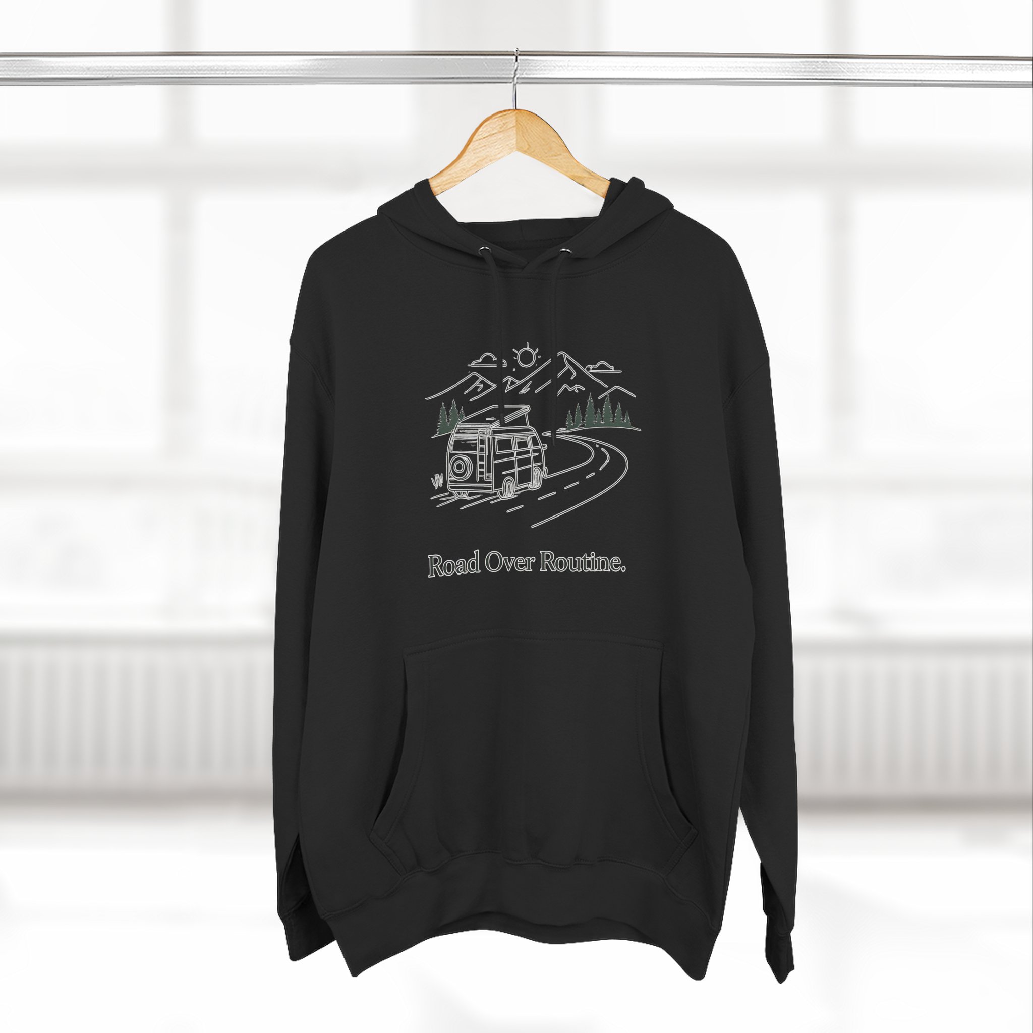 Three-Panel Fleece Hoodie - "Road Over Routine" Design Minimal-Line