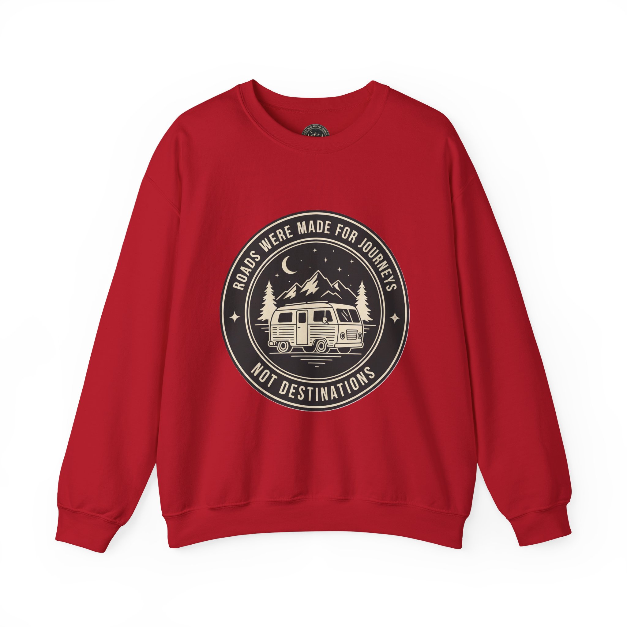 5473602965694275609_2048.jpeg Crewneck Sweatshirt — "ROAD WHERE MADE FOR JOURNEYS-NOT DESTINATIONS" (Ony Font printed) Vintage Camper Van Outdoor Graphic