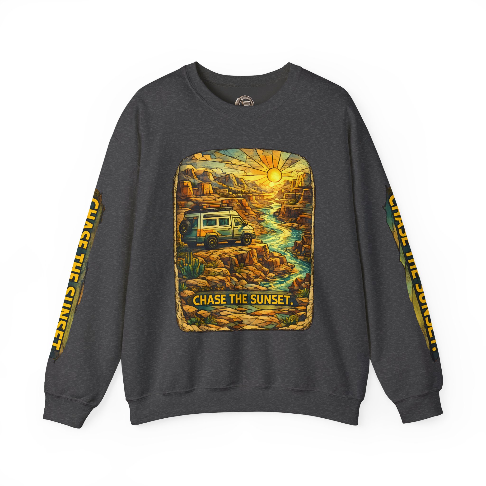 Unisex Heavy Blend™ Crewneck Sweatshirt — "Chase The Sunset" Design Cubic-Line