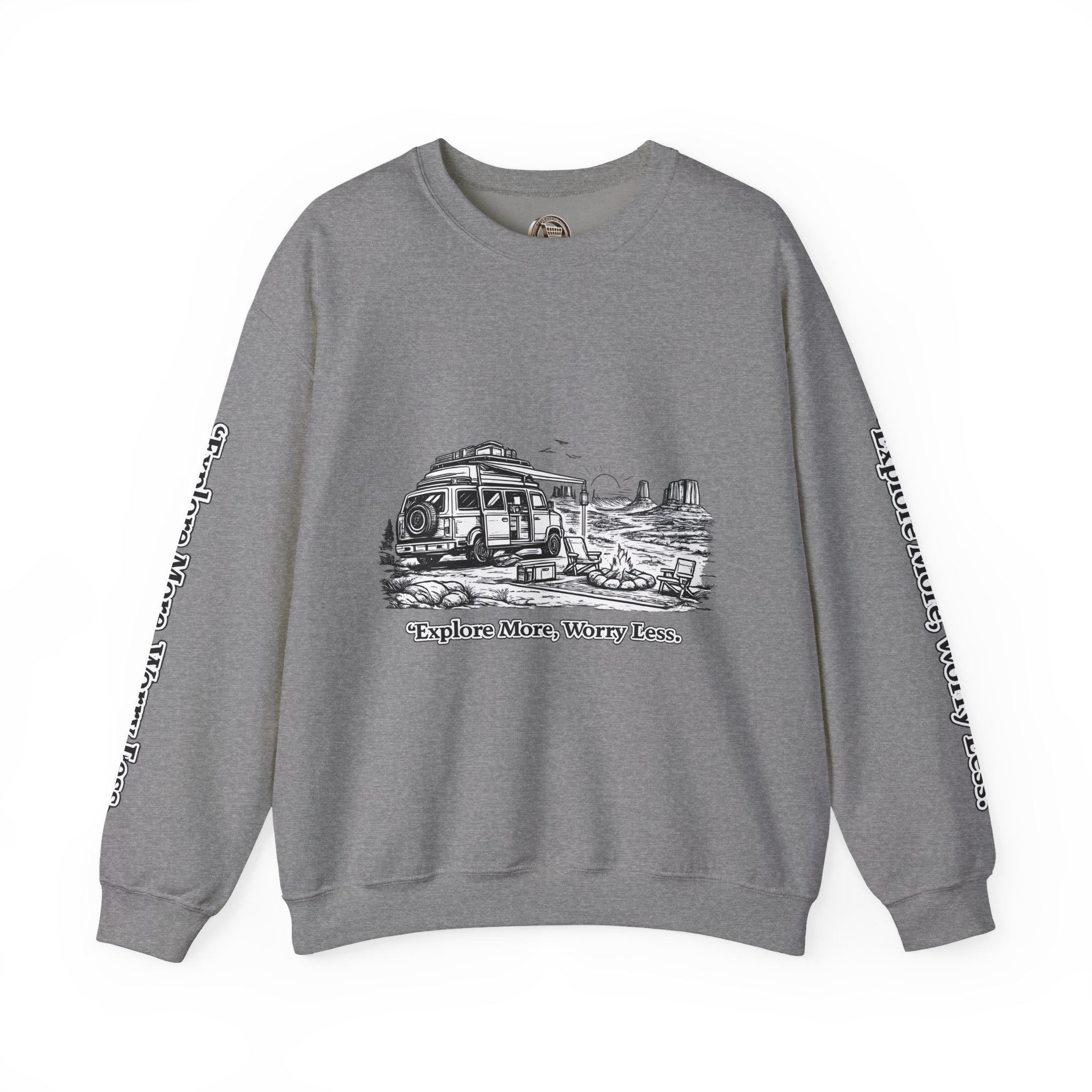 Unisex Heavy Blend™ Crewneck Sweatshirt — "Explore More Worry Less" Design Minimal-Line