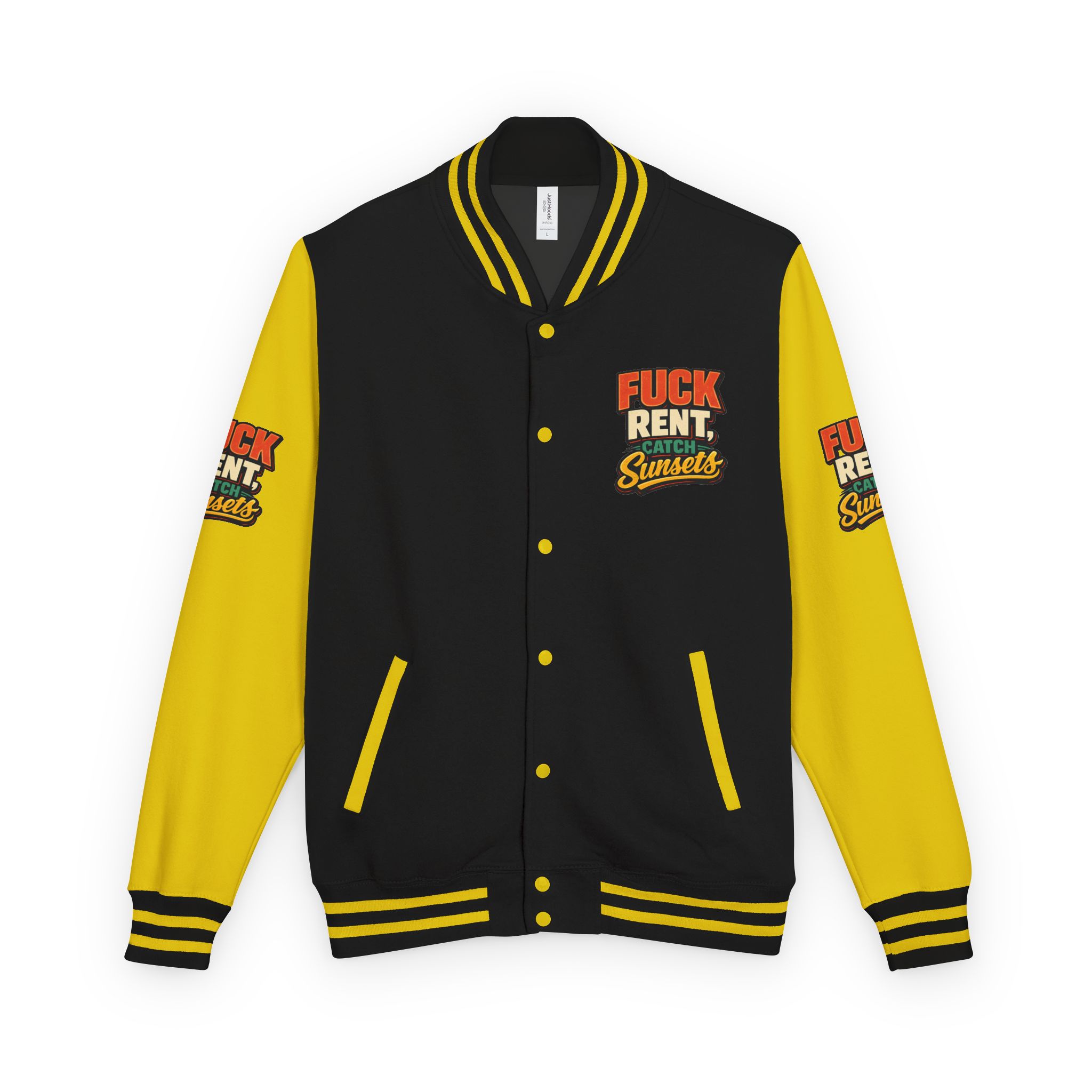 5494189935239261019_2048-2.jpeg Unisex Heavyweight Letterman Jacket — "Fuck Rent Catch Sunsets" Design F**K-Line