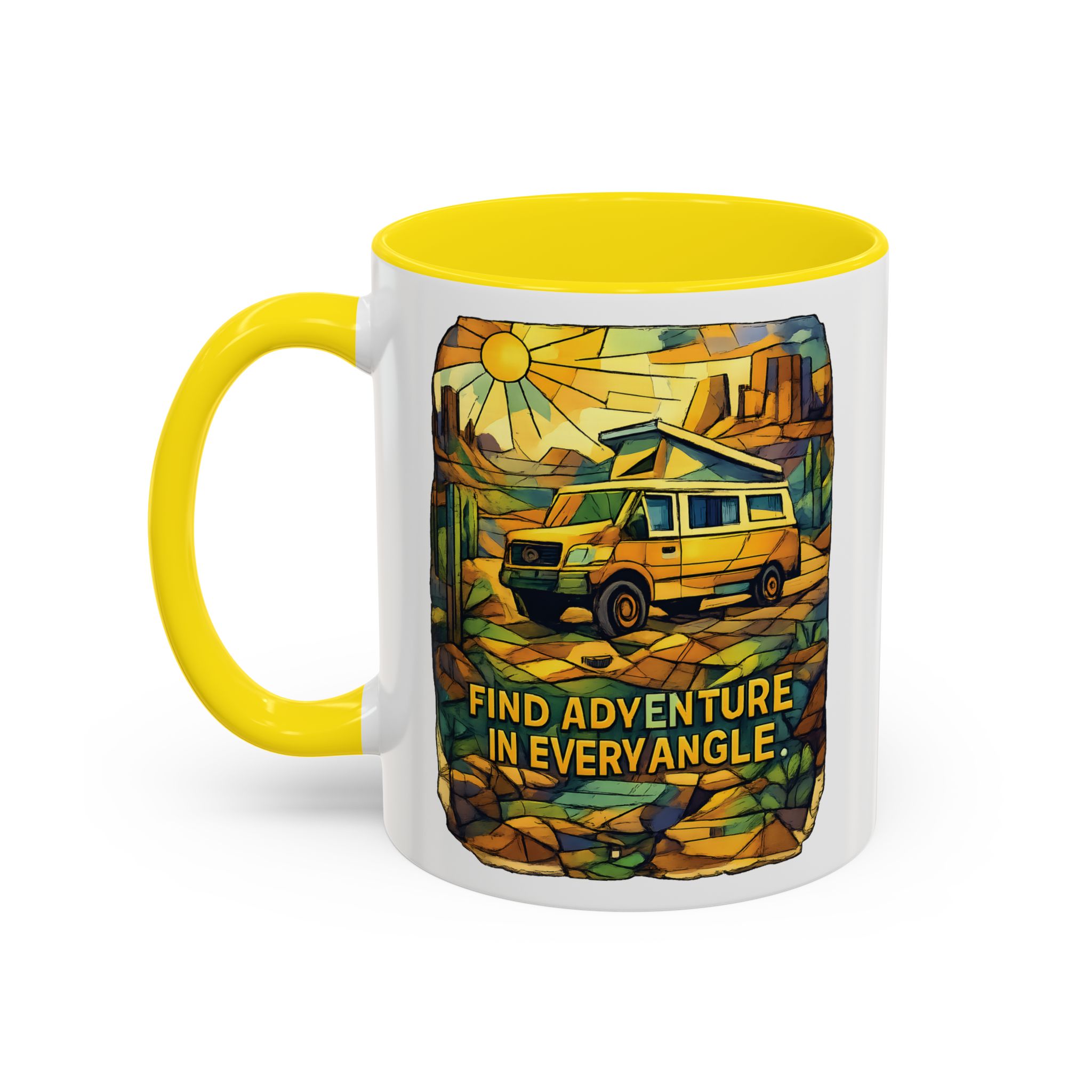 Accent Coffee Mug (11, 15oz) — "Find Adventure In Every Corner" Design Cubic-Line