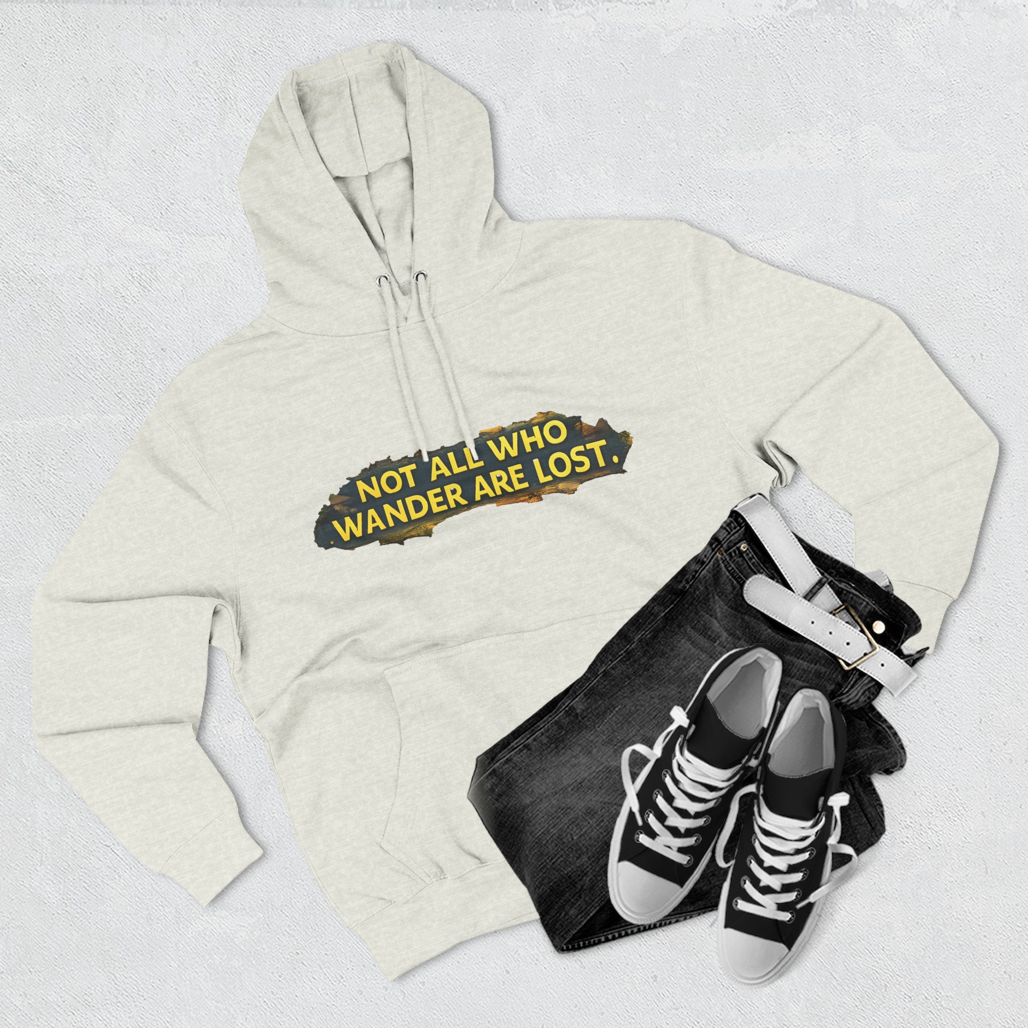 5510203516360410416_2048.jpeg Three-Panel Fleece Hoodie - "Not All Who Wander Are Lost" Design Cubic-Line