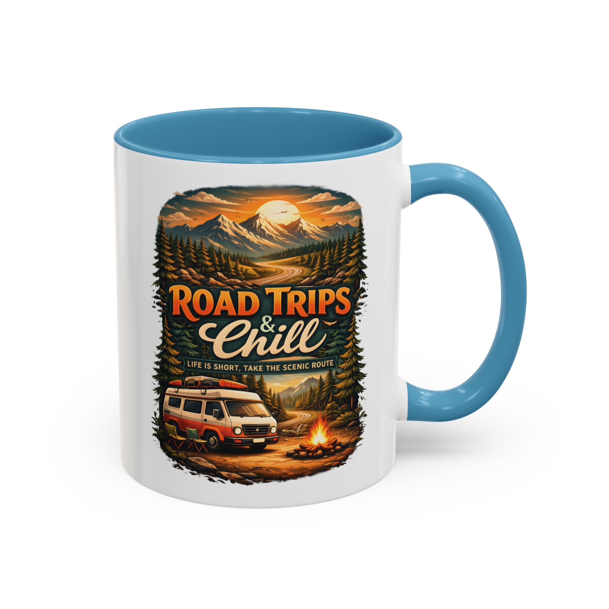 Accent Coffee Mug (11, 15oz) — "Road Trips & Chill" Design Scenic-Line