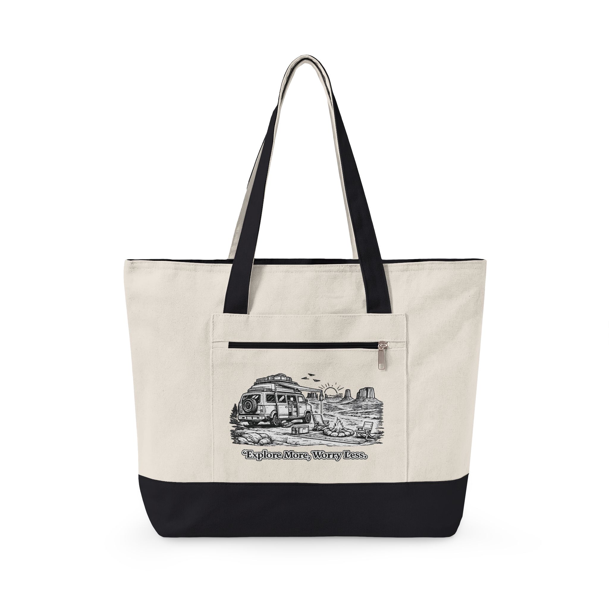 Zippered Canvas Tote — "Explore More, Worry Less" (Design Minimal-Line)