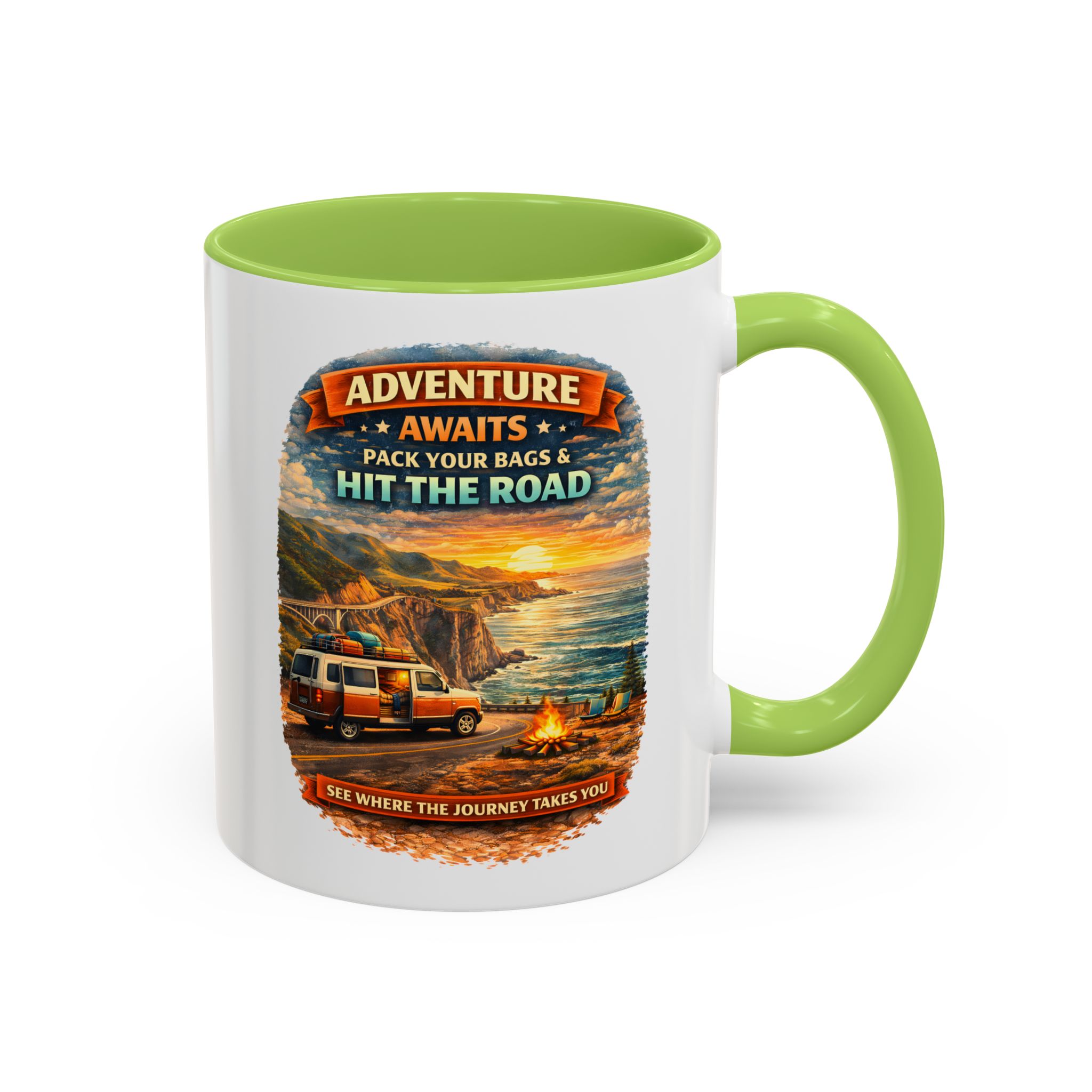 Accent Coffee Mug (11, 15oz) — "Adventure Awaits-Pack Your Bags" Design Scenic-Line