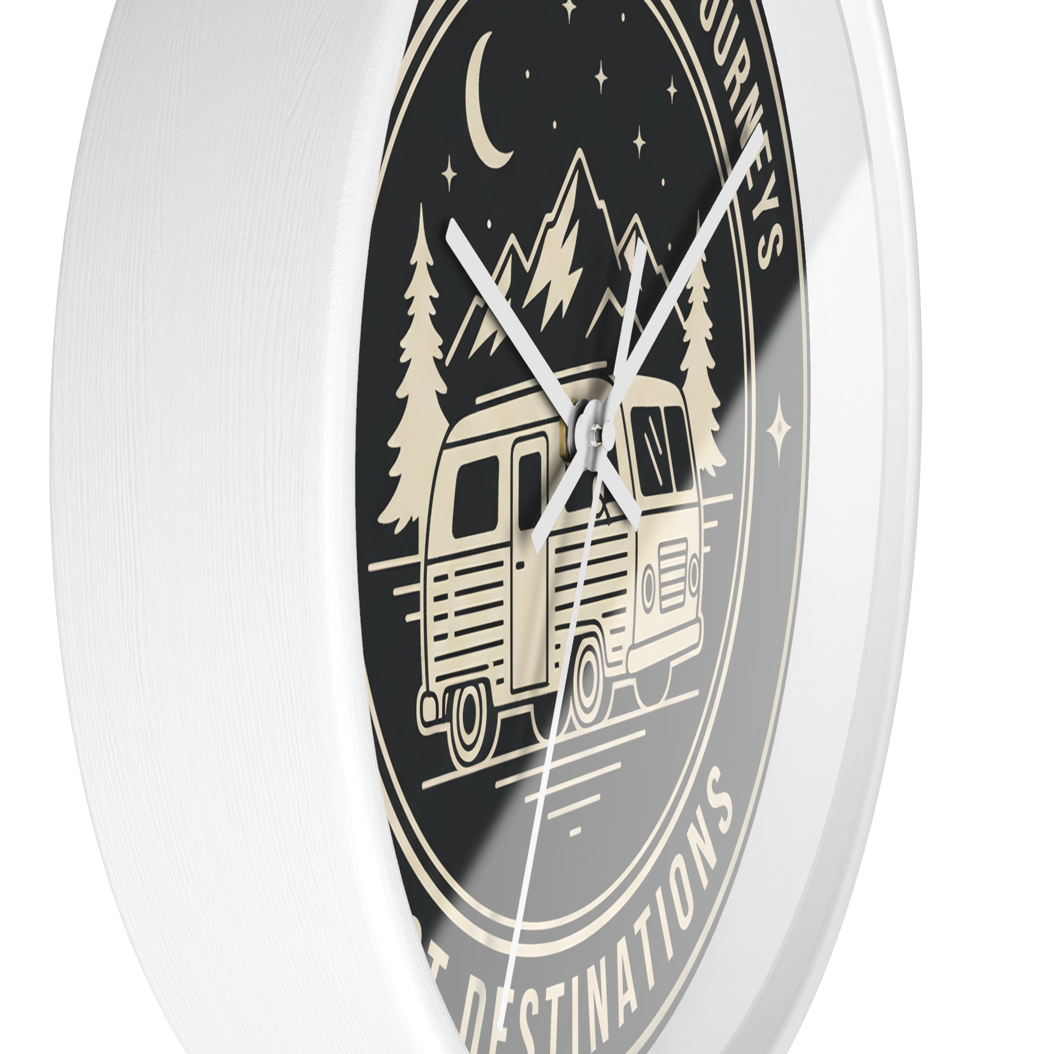 Wall Clock — "ROAD WHERE MADE FOR JOURNEYS-NOT DESTINATIONS" Camper Van Mountain Travel Timepiece