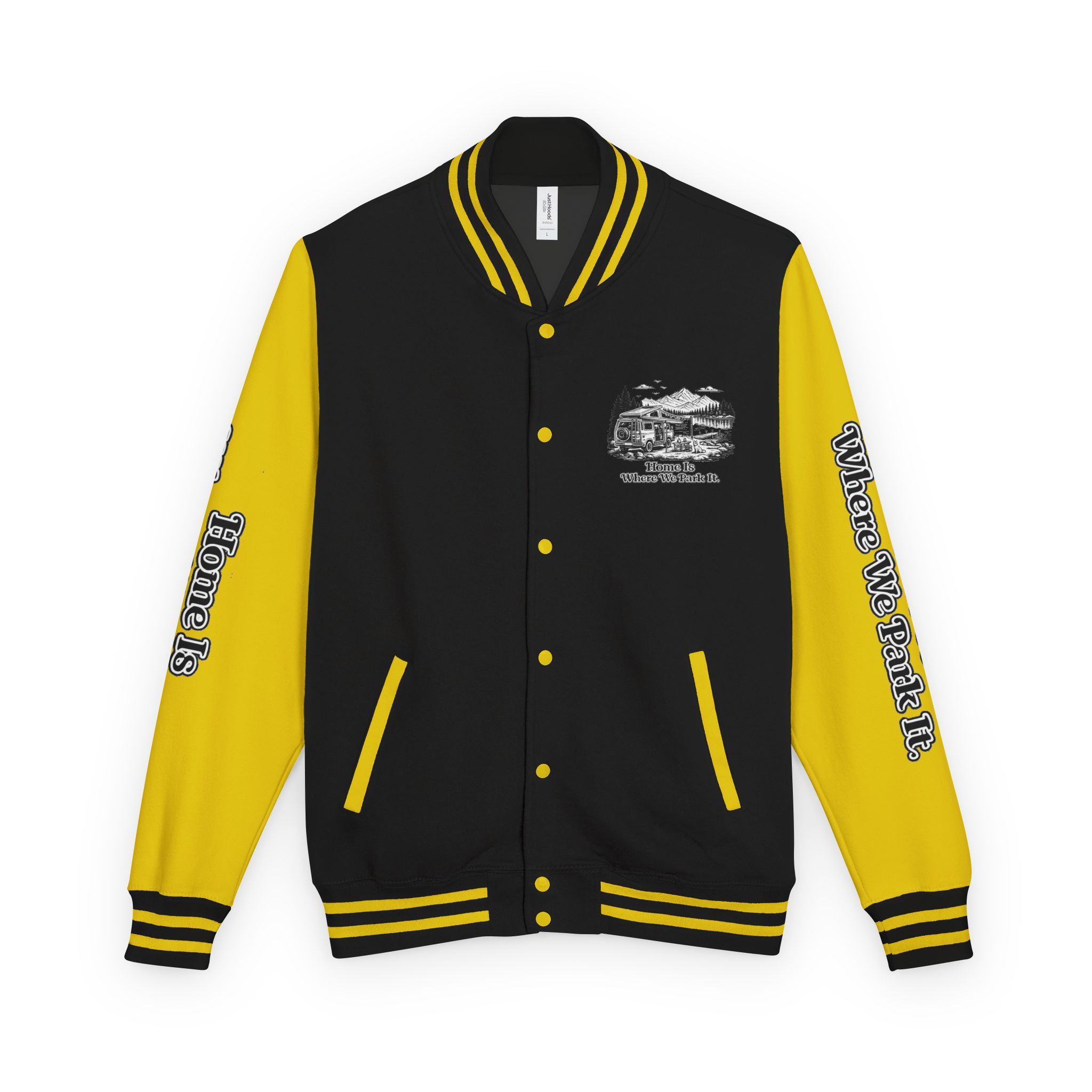 Unisex Heavyweight Letterman Jacket — "Home Is Where You Park It" Travel Varsity Coat