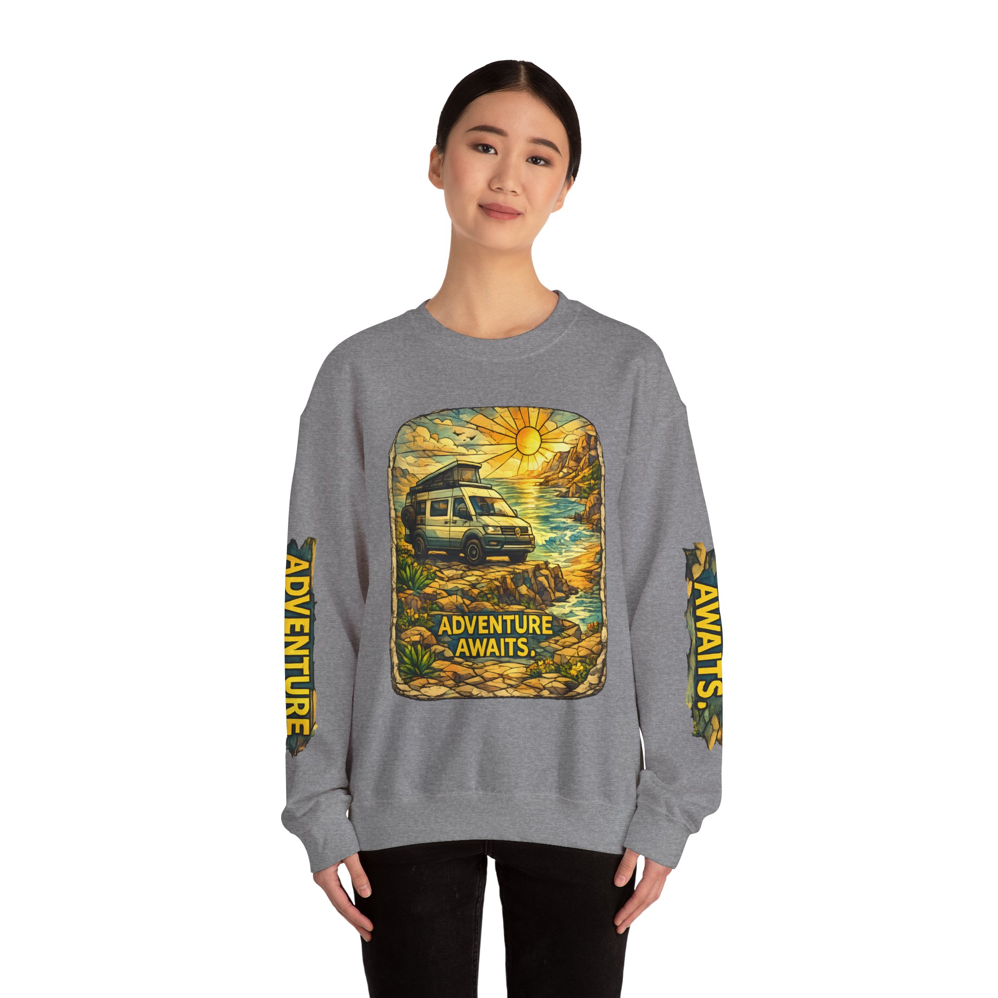 Unisex Heavy Blend™ Crewneck Sweatshirt — "Adventure Awaits" Design Cubic-Line