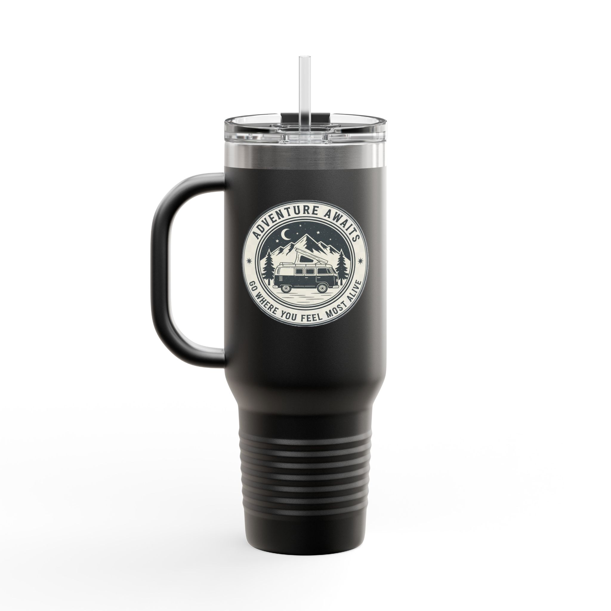Insulated Travel Mug - "Adventure Awaits-Go Where You Feel Most Alive" (40oz) – Retro Camper Design, Keep Drinks Hot or Cold