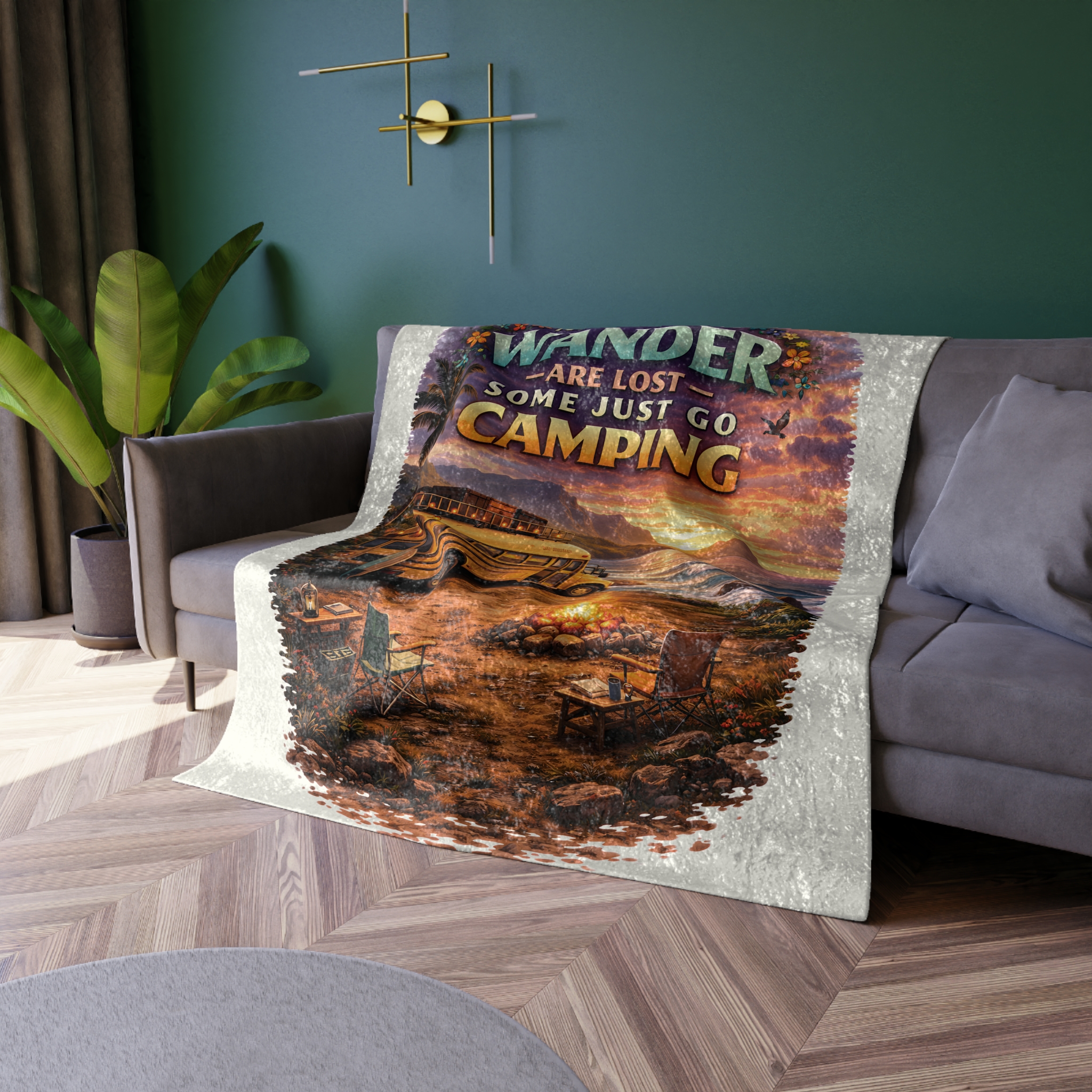 Crushed Velvet Blanket —"Not All Who Wander Are Lost" Design Scenic-Line (Campervan)